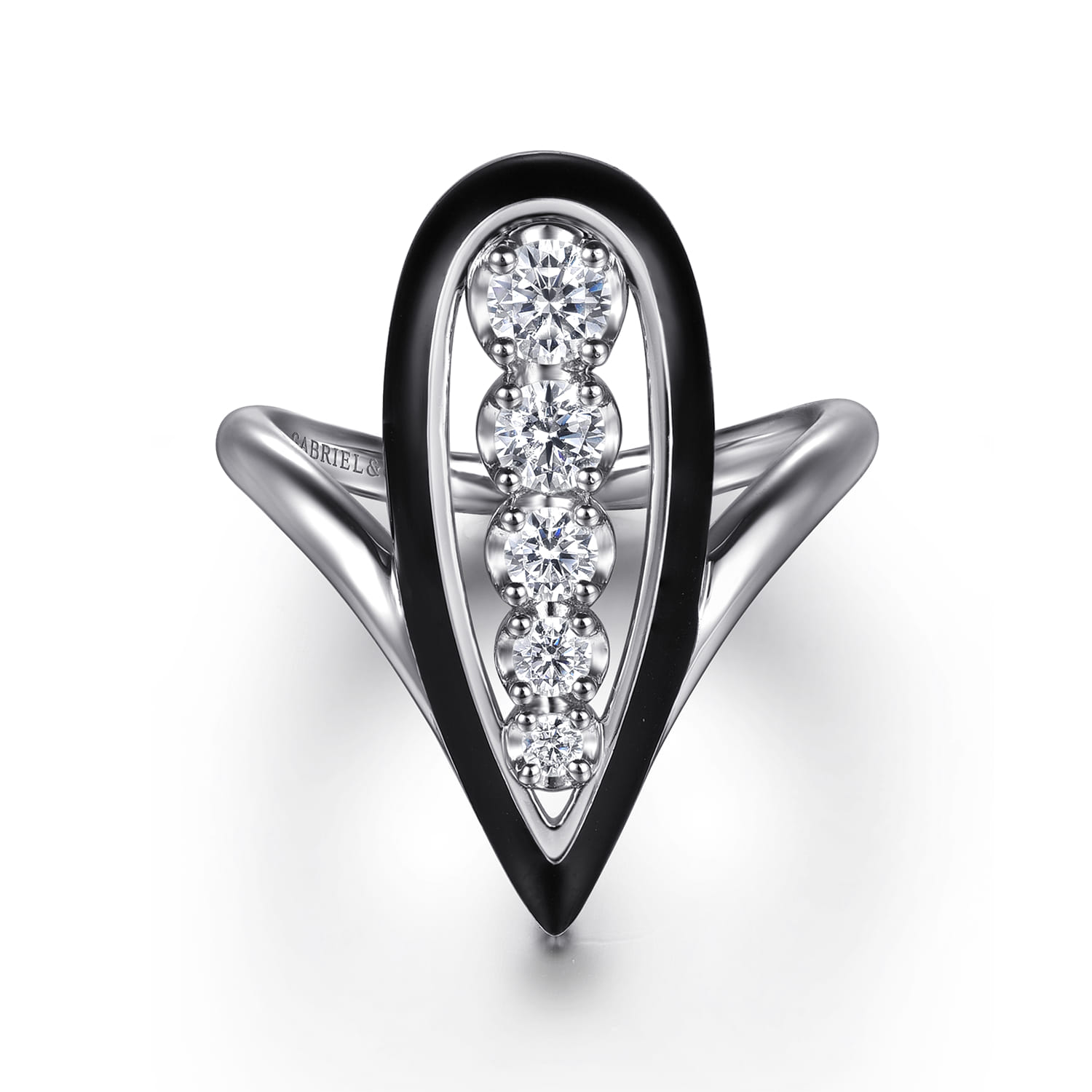 Graduating Diamond Chevron Ring with Enamel in 14K White Gold