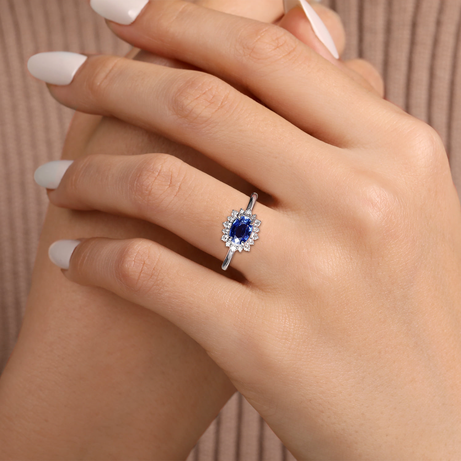 Diamond Halo and Oval Sapphire Classic Ladies Ring in 14K White Gold, photograph 5