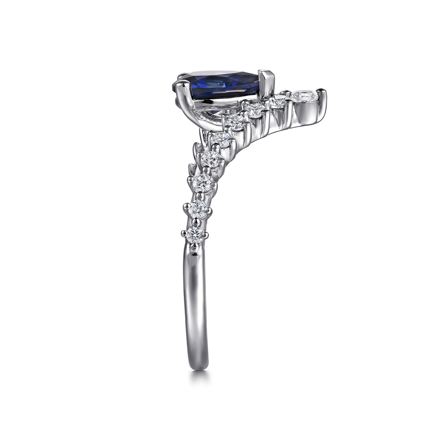 Diamond and Pear Sapphire Chervon Ladies Ring in 14K White Gold, photograph 4