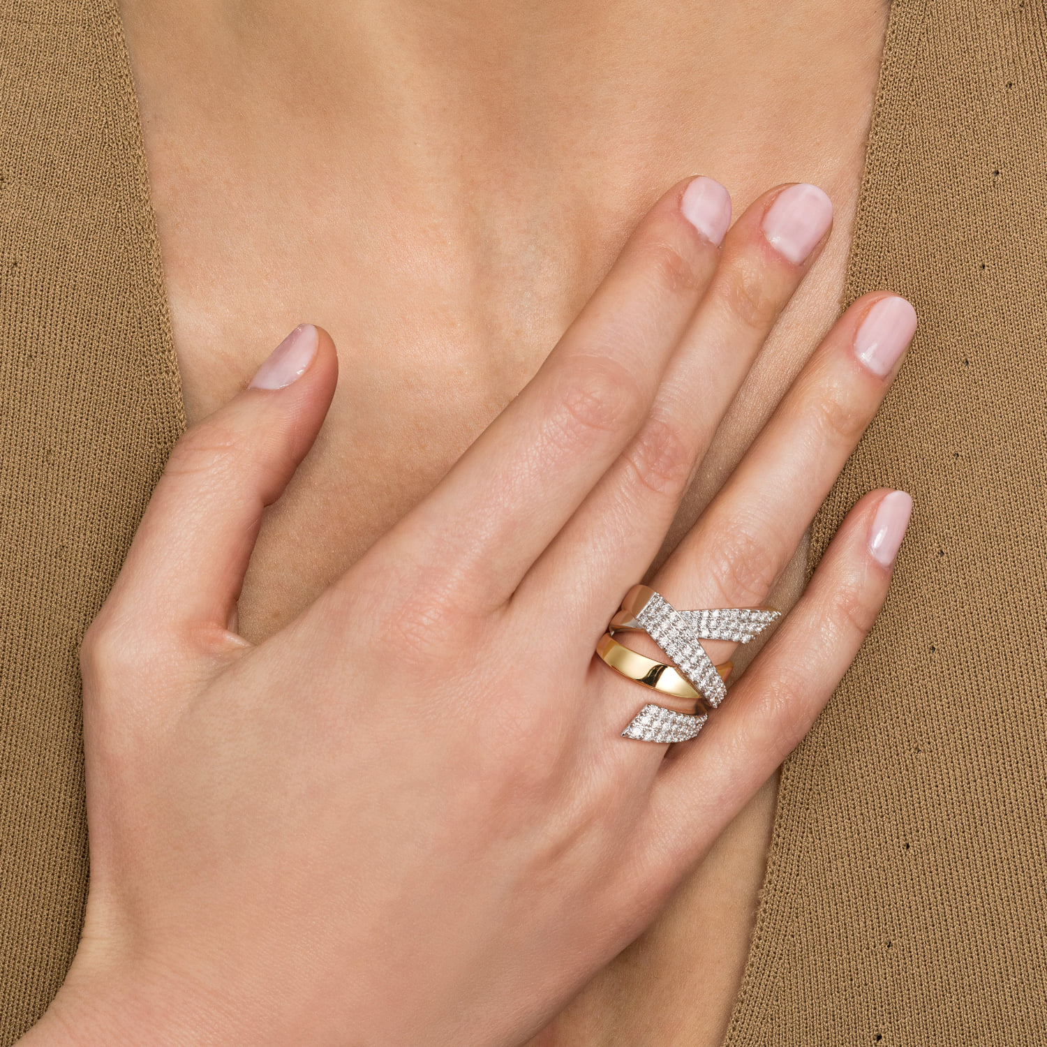 Multi Row Graduating Diamond Bypass Ring in 14K White/Yellow Gold, photograph 5
