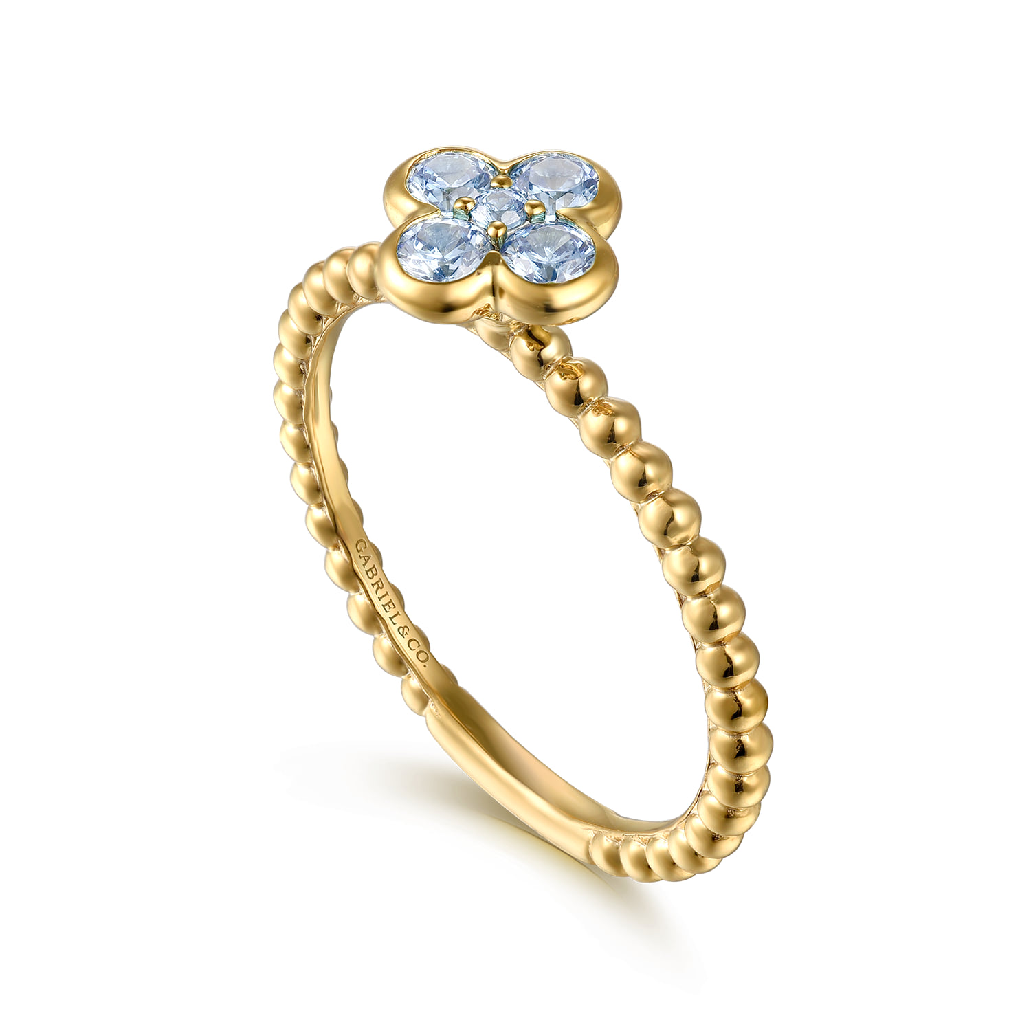 Aquamarine Cluster Clover and Bujukan Bead Stackable Ring in 14K Yellow Gold, photograph 3