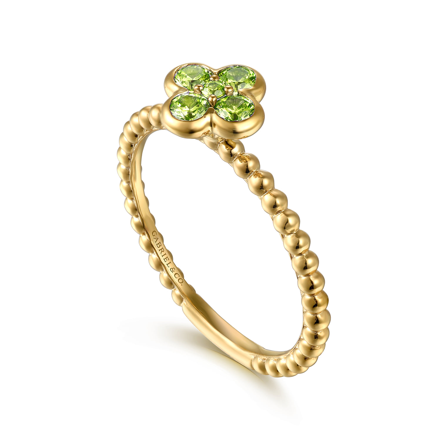 Peridot Cluster Clover and Bujukan Bead Stackable Ring in 14K Yellow Gold, photograph 3