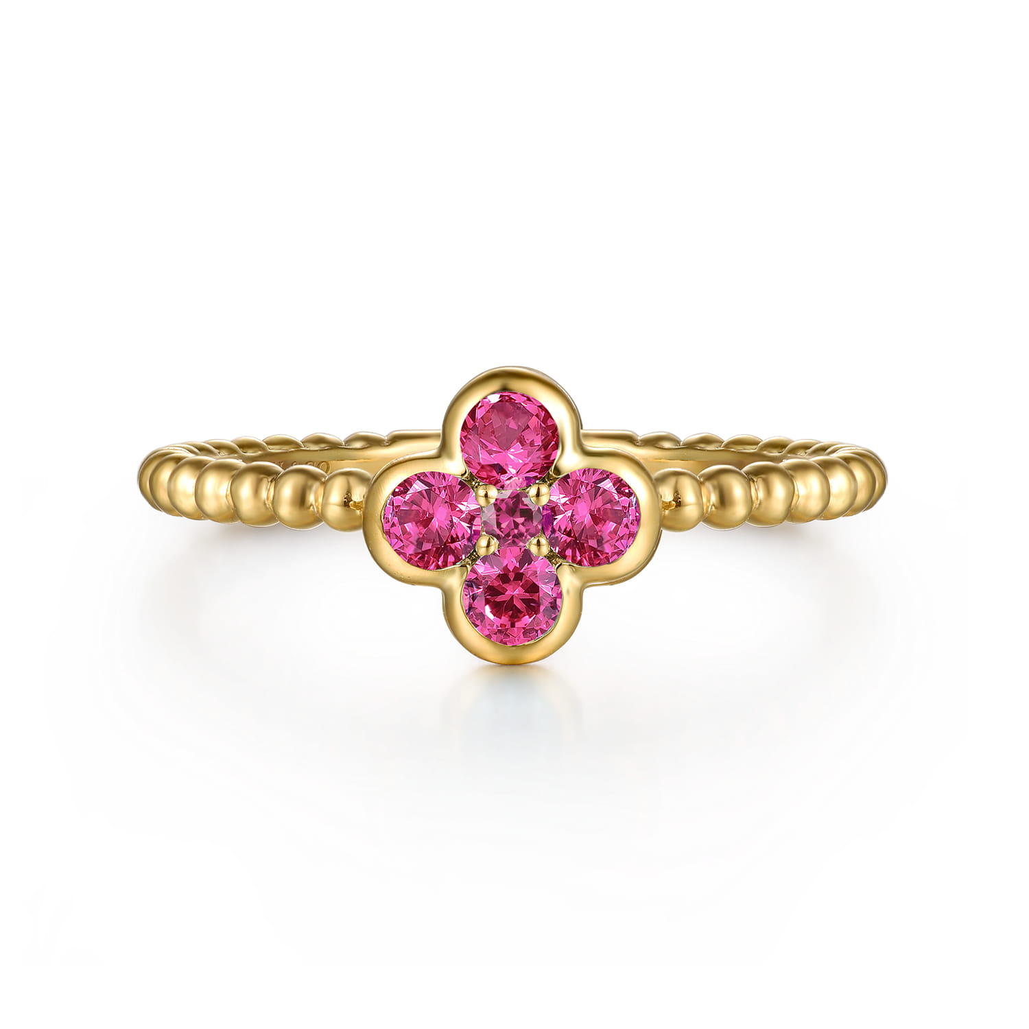 Ruby Cluster Clover and Bujukan Bead Stackable Ring in 14K Yellow Gold