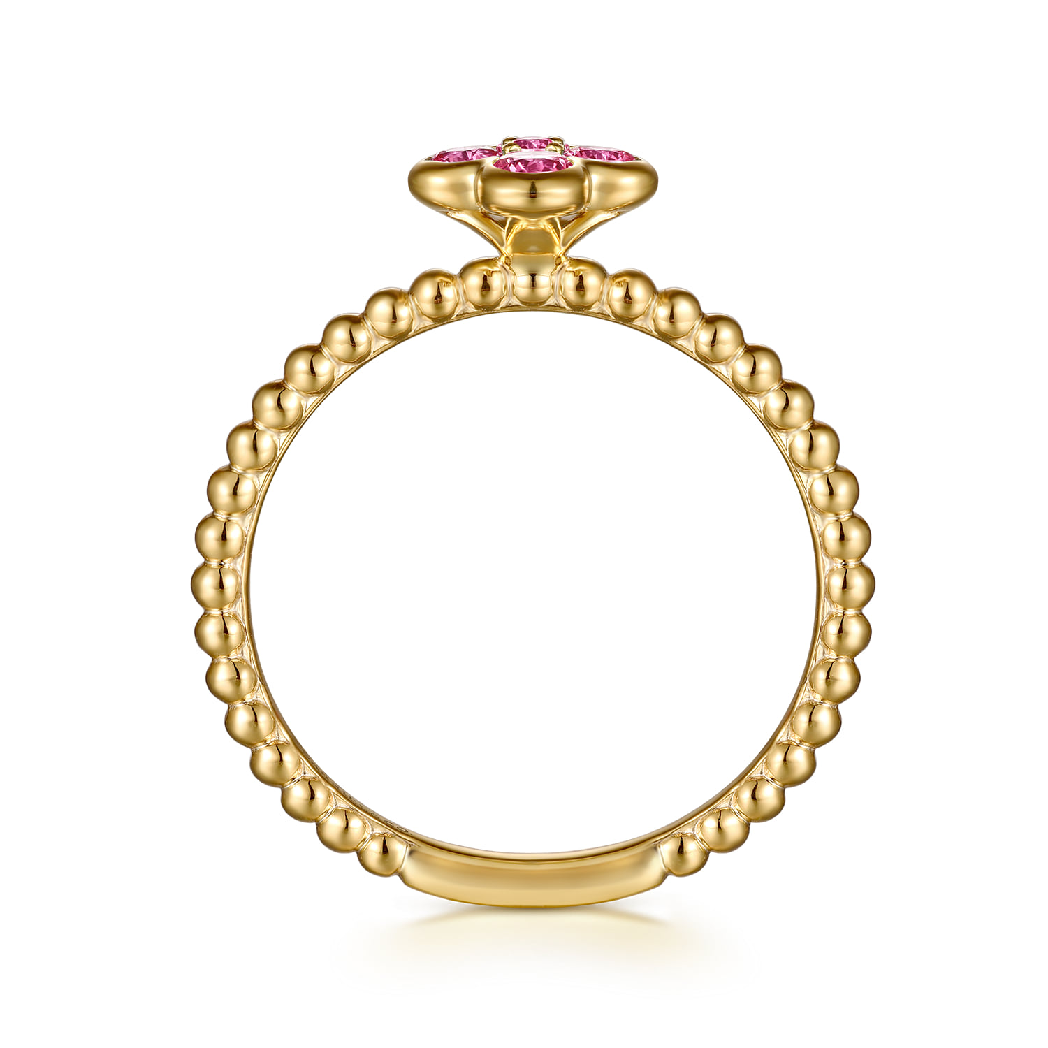 Ruby Cluster Clover and Bujukan Bead Stackable Ring in 14K Yellow Gold, photograph 2