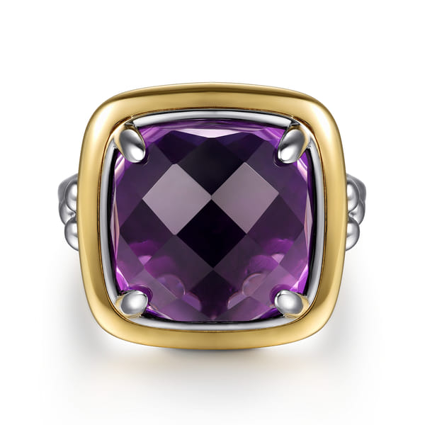 14K Yellow Gold and 925 Sterling Silver Bujukan Cushion Amethyst Cocktail Ring
