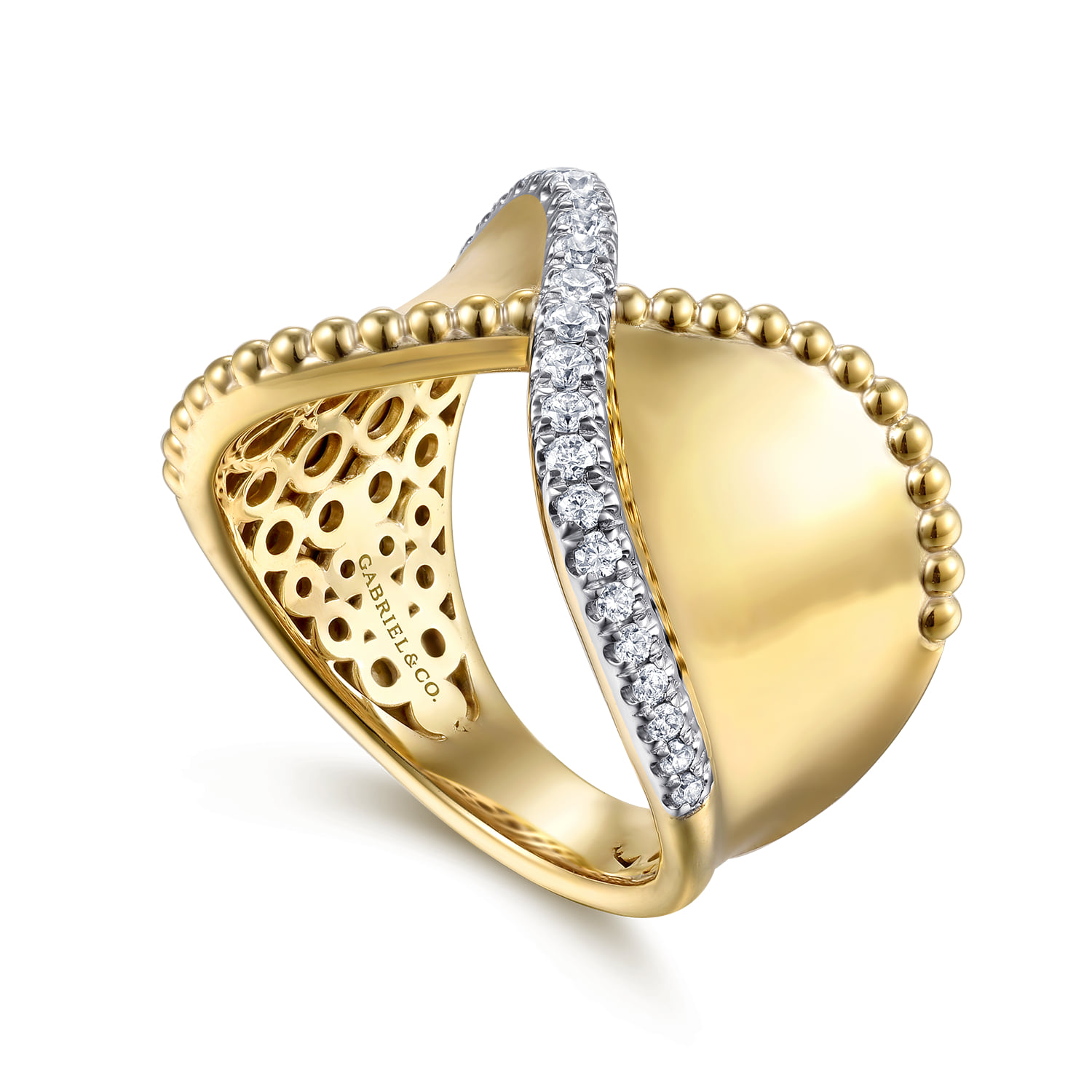 Bujukan and Diamond Wide Band X Ring in 14K Yellow Gold, photograph 3