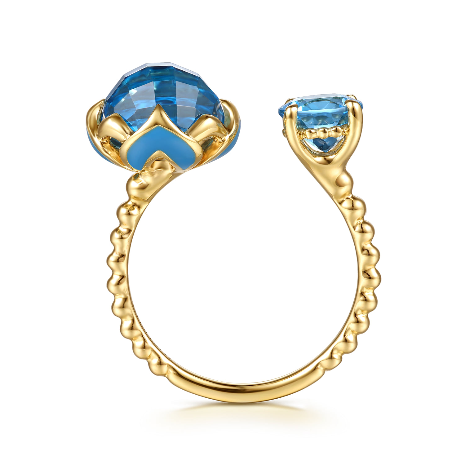 Bujukan Blue Topaz Clover Open Ring with Dusk Blue Enamel in 14K Yellow Gold, photograph 2