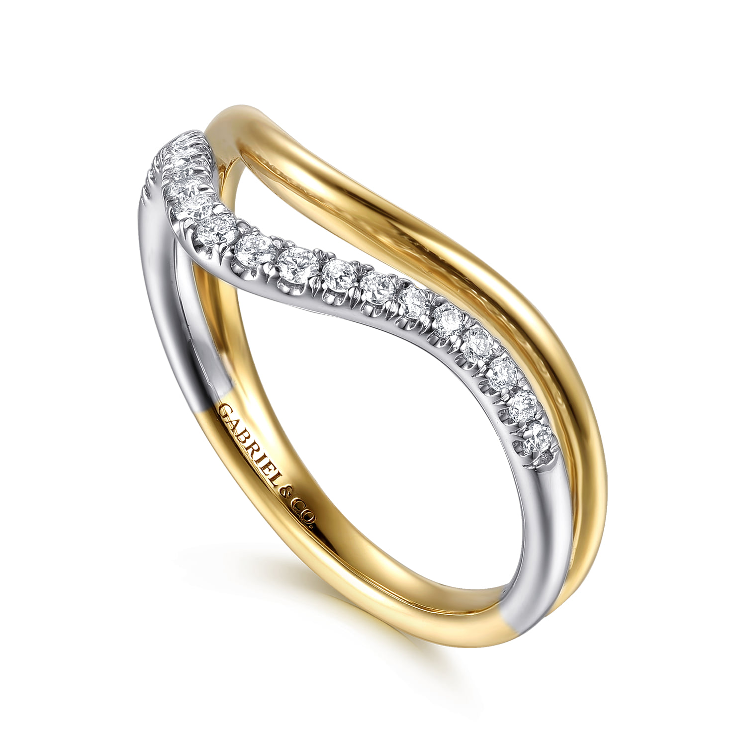 Diamond Curved Easy Stackable Ring in 14K White/Yellow Gold, photograph 3