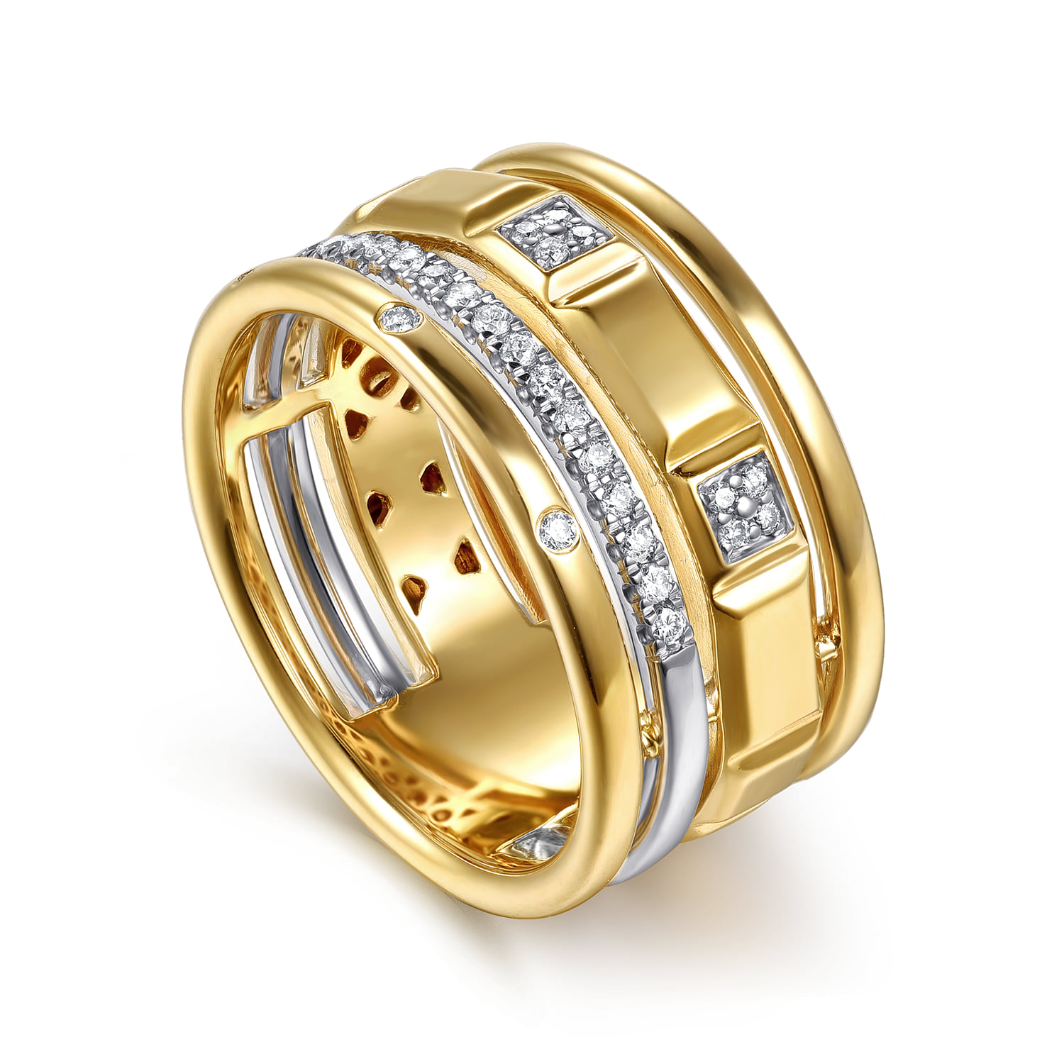 Diamond and Half Cube Easy Stackable Ring in 14K White/Yellow Gold, photograph 3