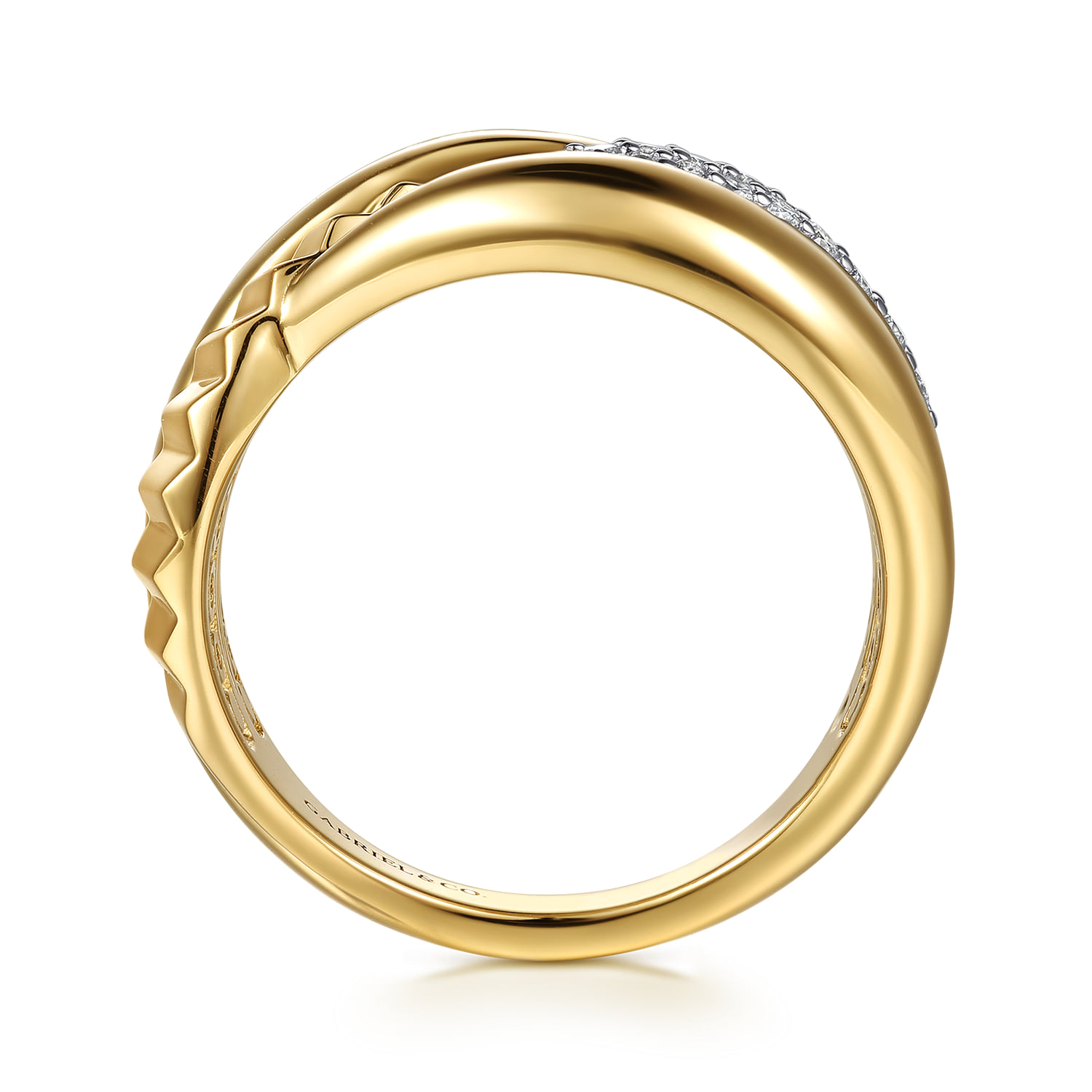 Diamond and Diamond Cut Criss Cross Ring in 14K White/Yellow Gold, photograph 2