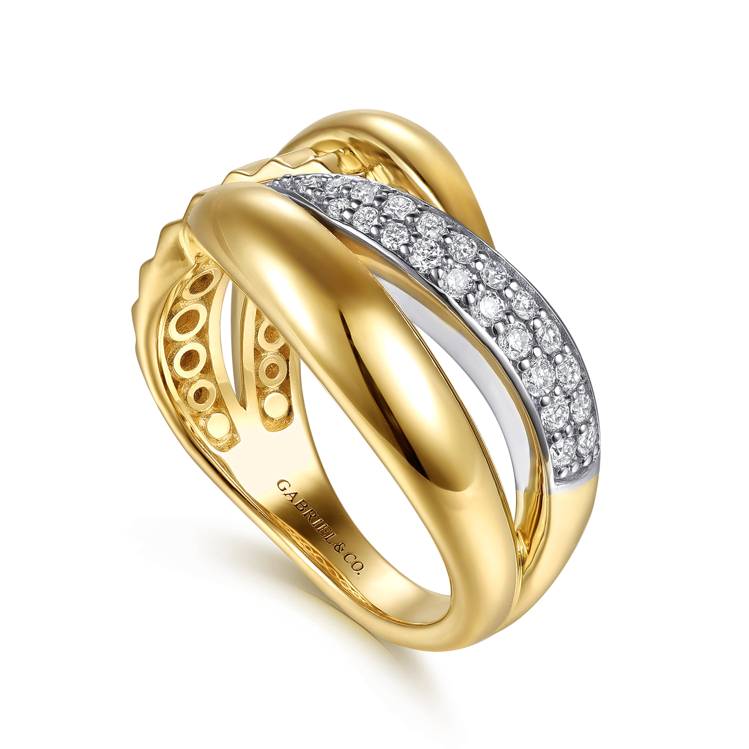 Diamond and Diamond Cut Criss Cross Ring in 14K White/Yellow Gold, photograph 3