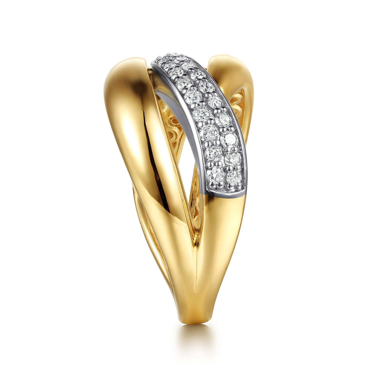 Diamond and Diamond Cut Criss Cross Ring in 14K White/Yellow Gold, photograph 4