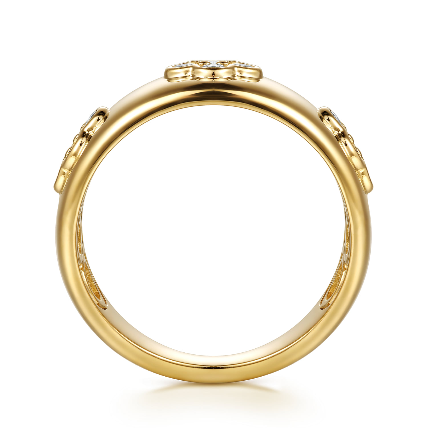 Diamond Clover Station Wide Band Ring in 14K Yellow Gold, photograph 2
