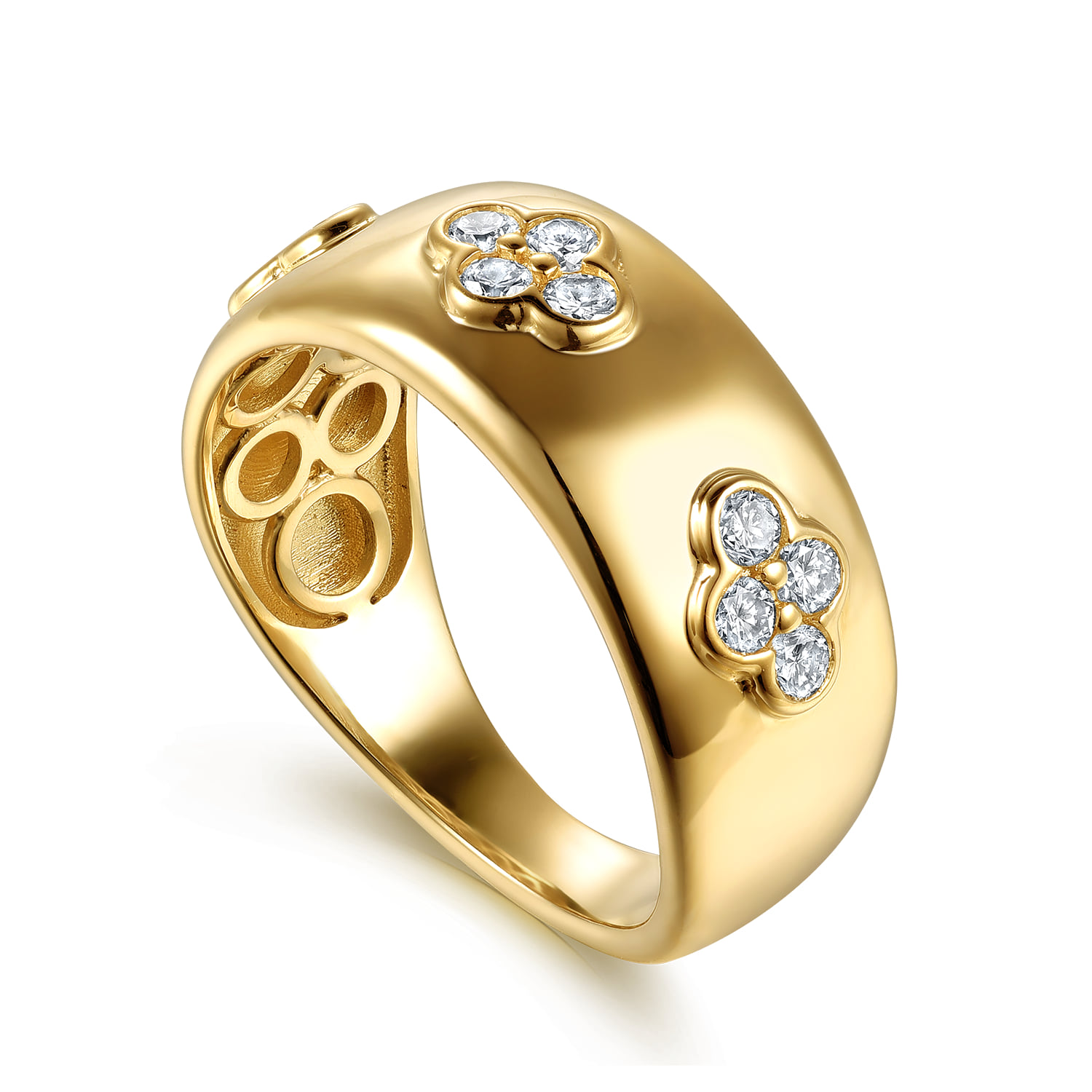 Diamond Clover Station Wide Band Ring in 14K Yellow Gold, photograph 3