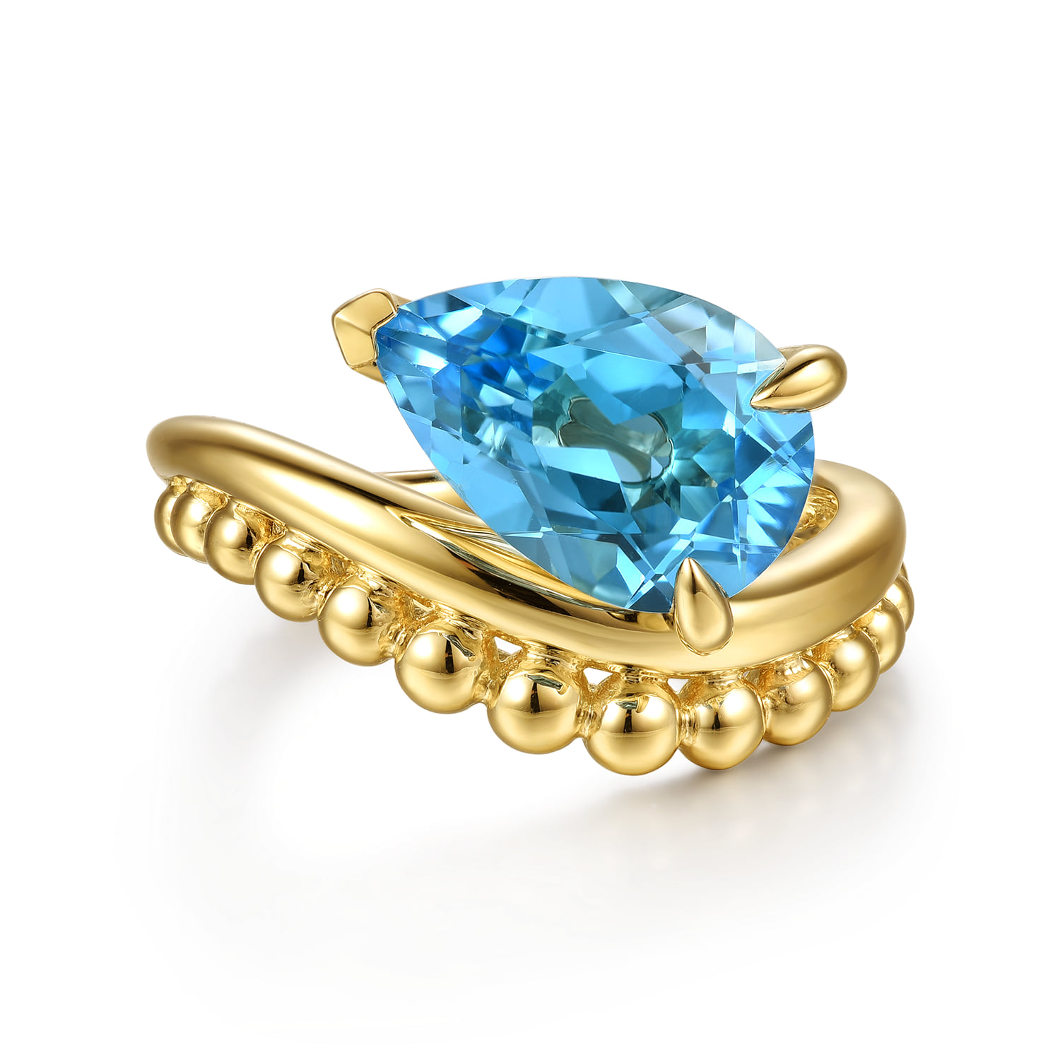 Graduating Bujukan Pear Blue Topaz Curved Ring