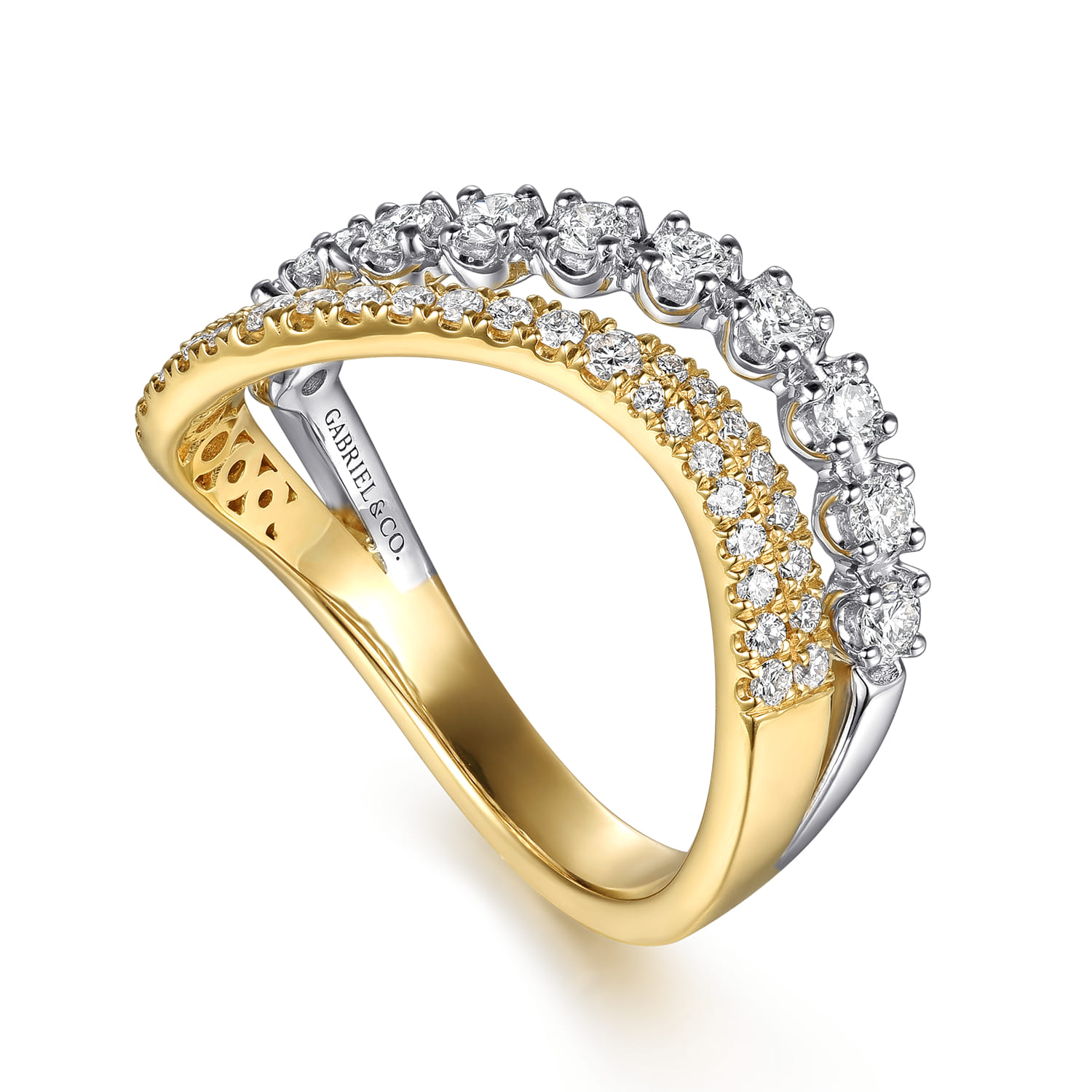 Diamond Curved Easy Stackable Ring in 14K White/Yellow Gold, photograph 3