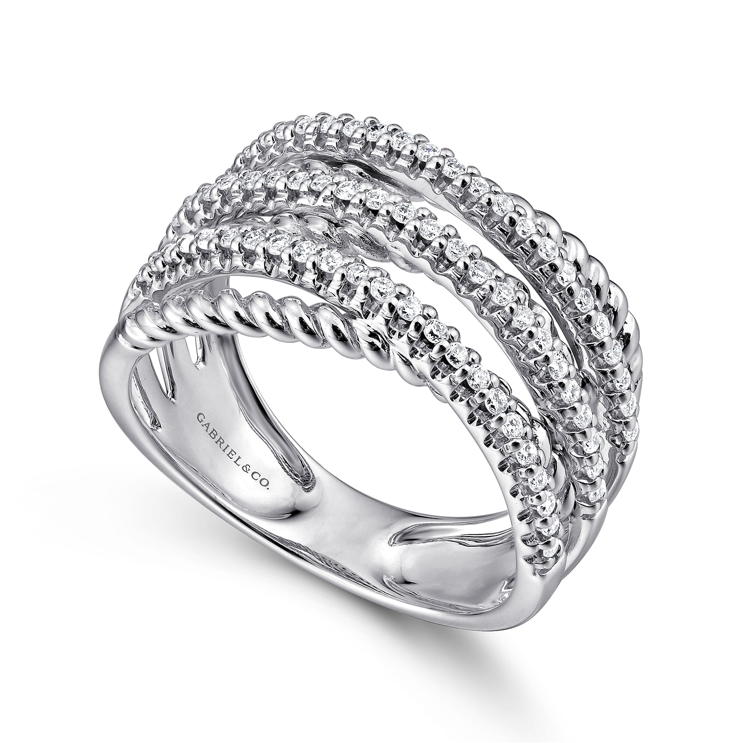 Twisted Rope and Diamond Criss Cross Ring in 14K White Gold, photograph 3