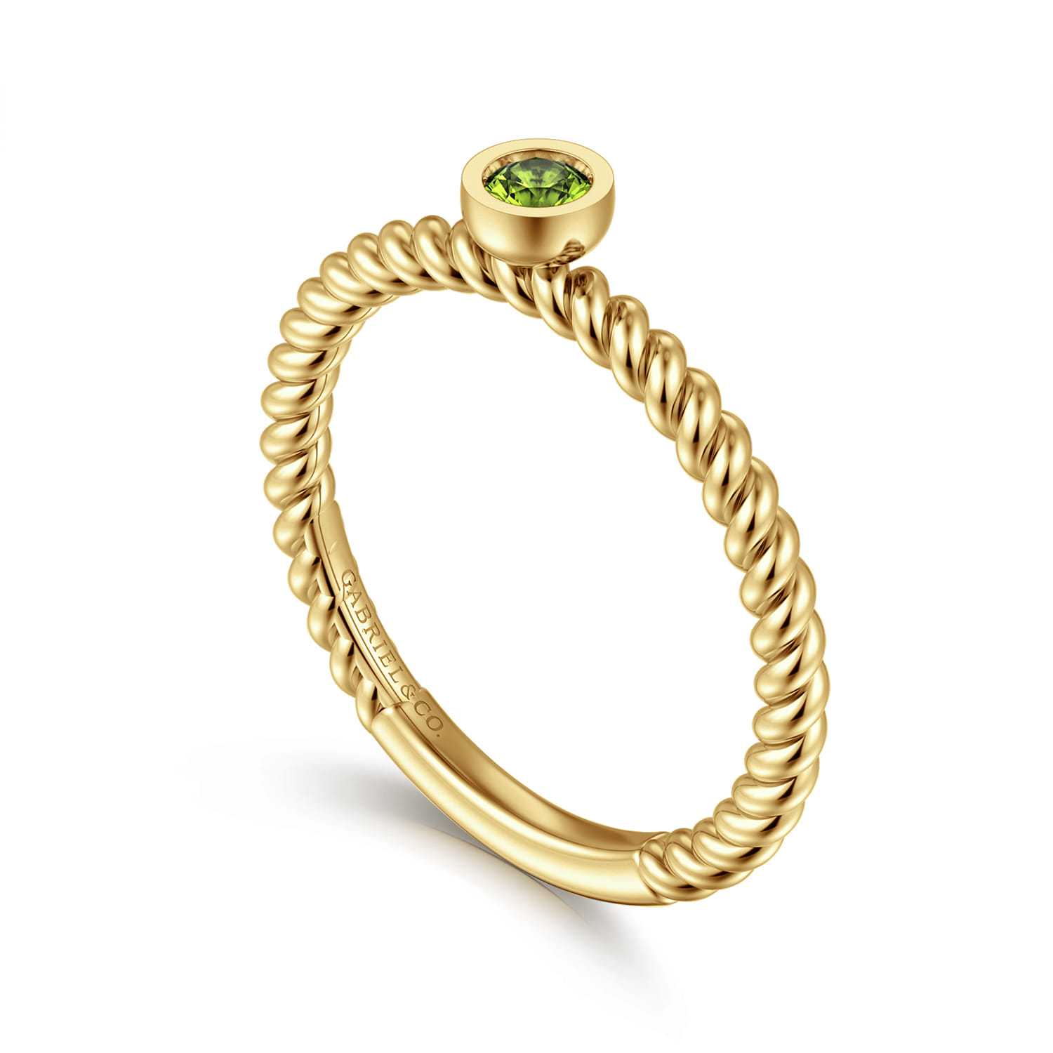 Round Peridot Ring with Twisted Rope Foundation Promise Ring in 14K Yellow Gold, photograph 3