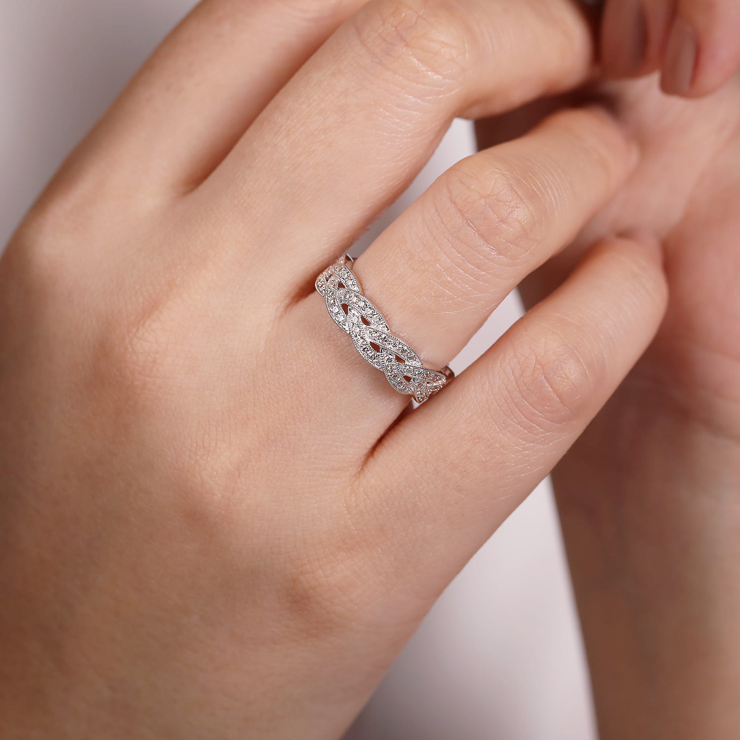 Braided Diamond Stackable Ring in 14K White Gold, photograph 5