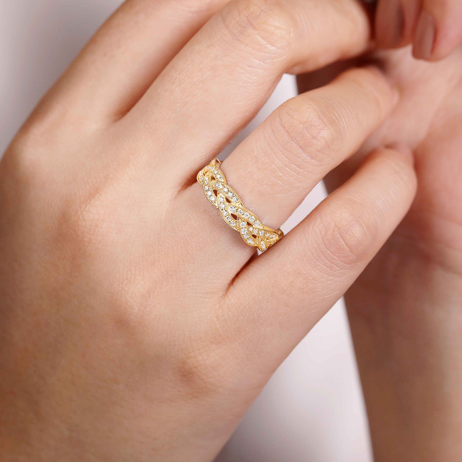 Braided Diamond Stackable Ring in 14K Yellow Gold, photograph 5