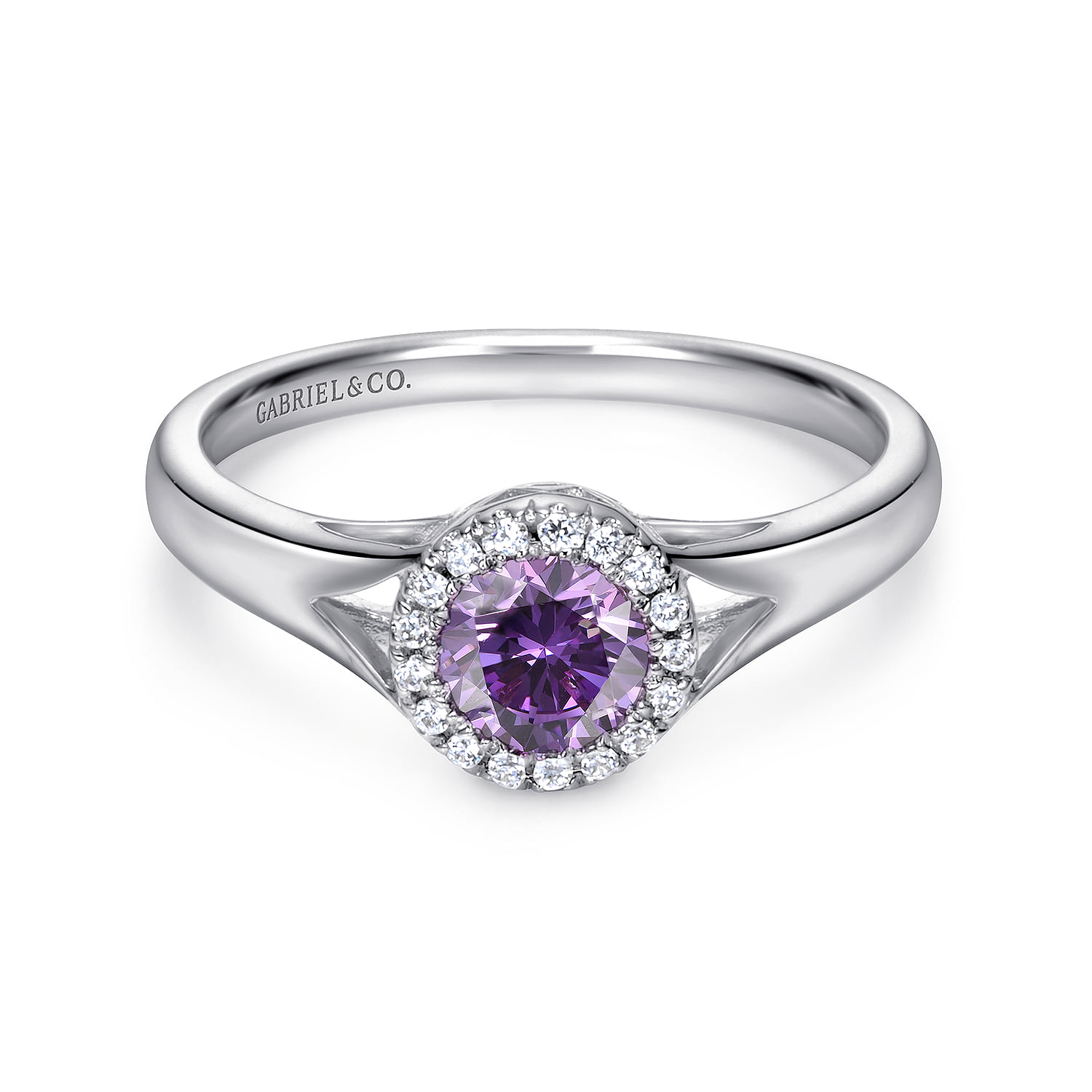 Round Amethyst and Diamond Halo Promise Ring