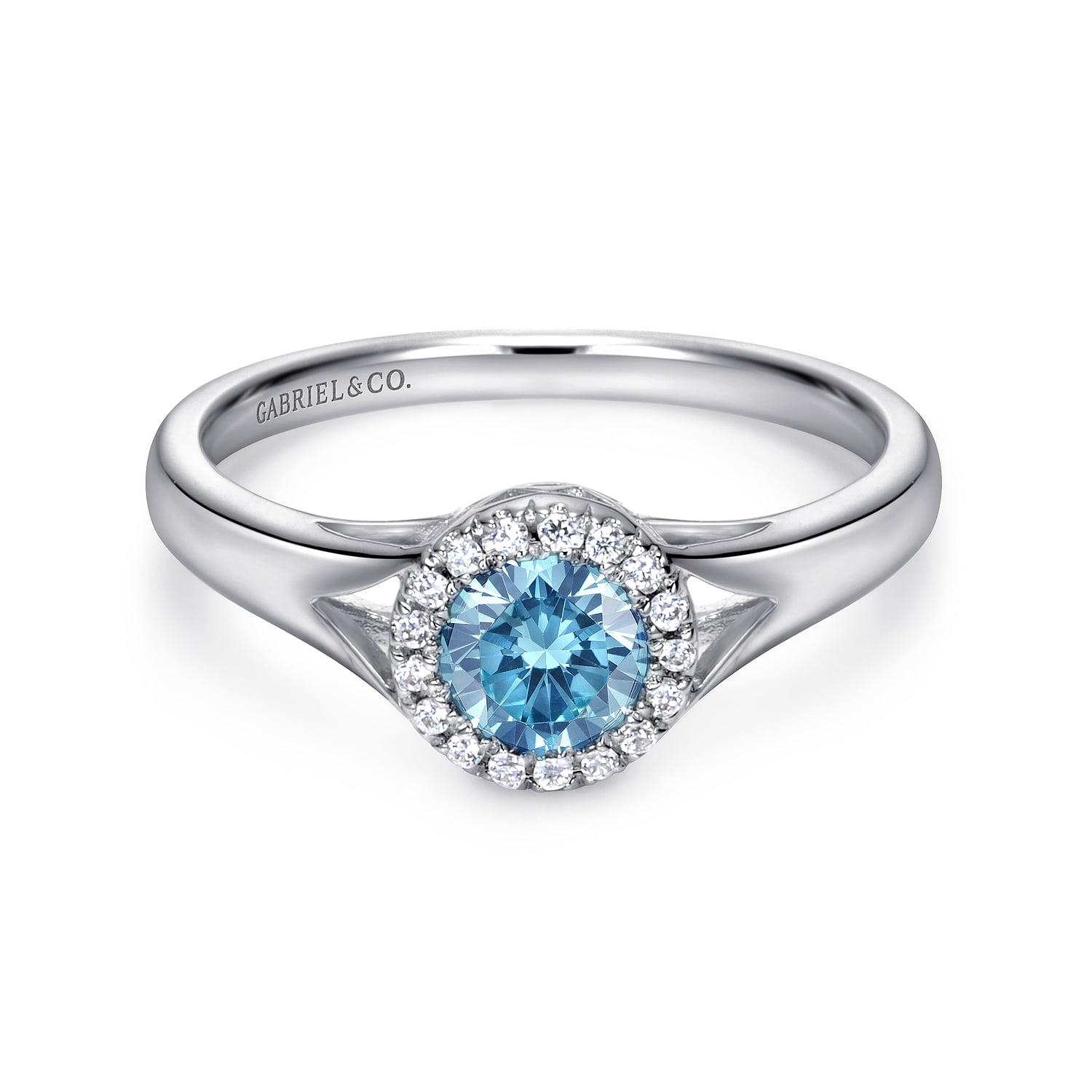 Round Blue Topaz and Diamond Halo Promise Ring in 14K White Gold