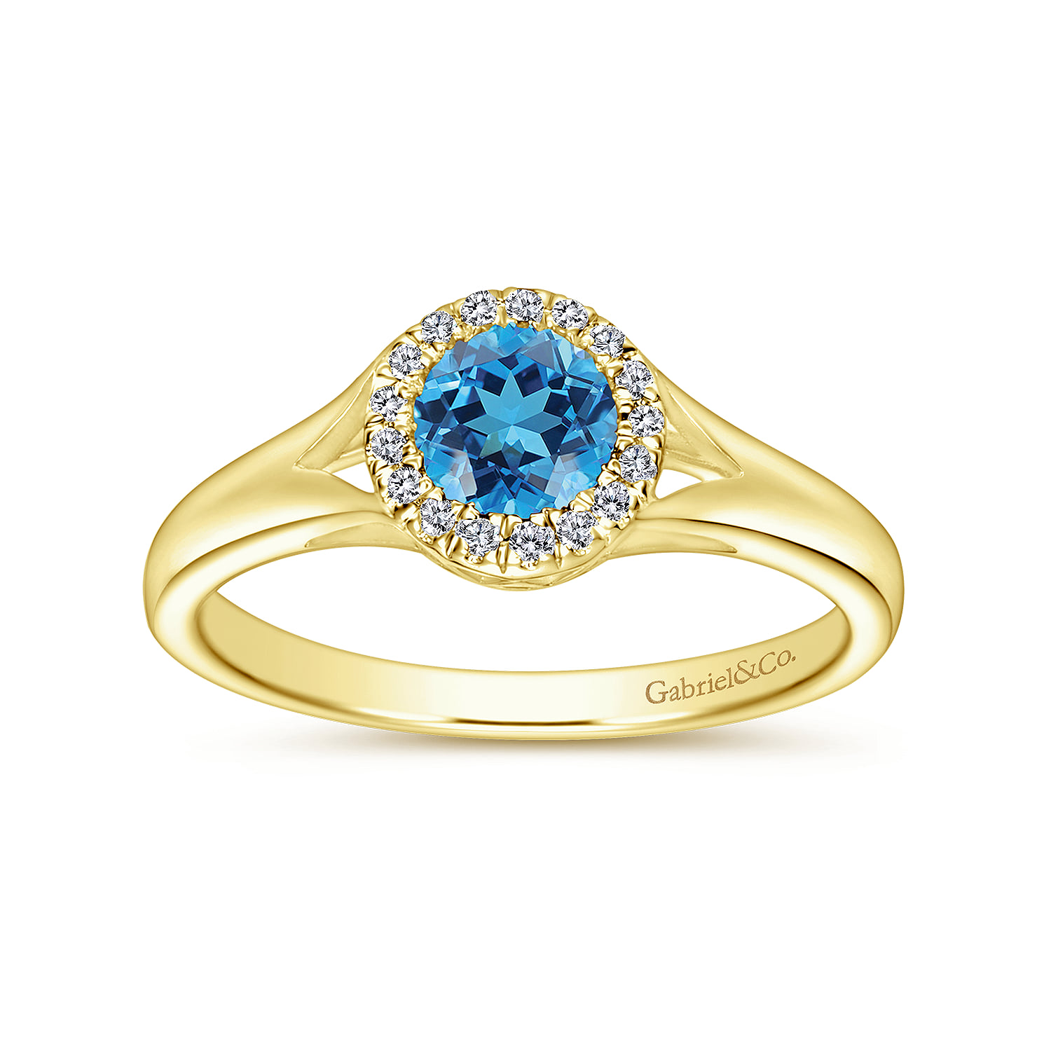 Round Blue Topaz and Diamond Halo Promise Ring in 14K Yellow Gold, photograph 4