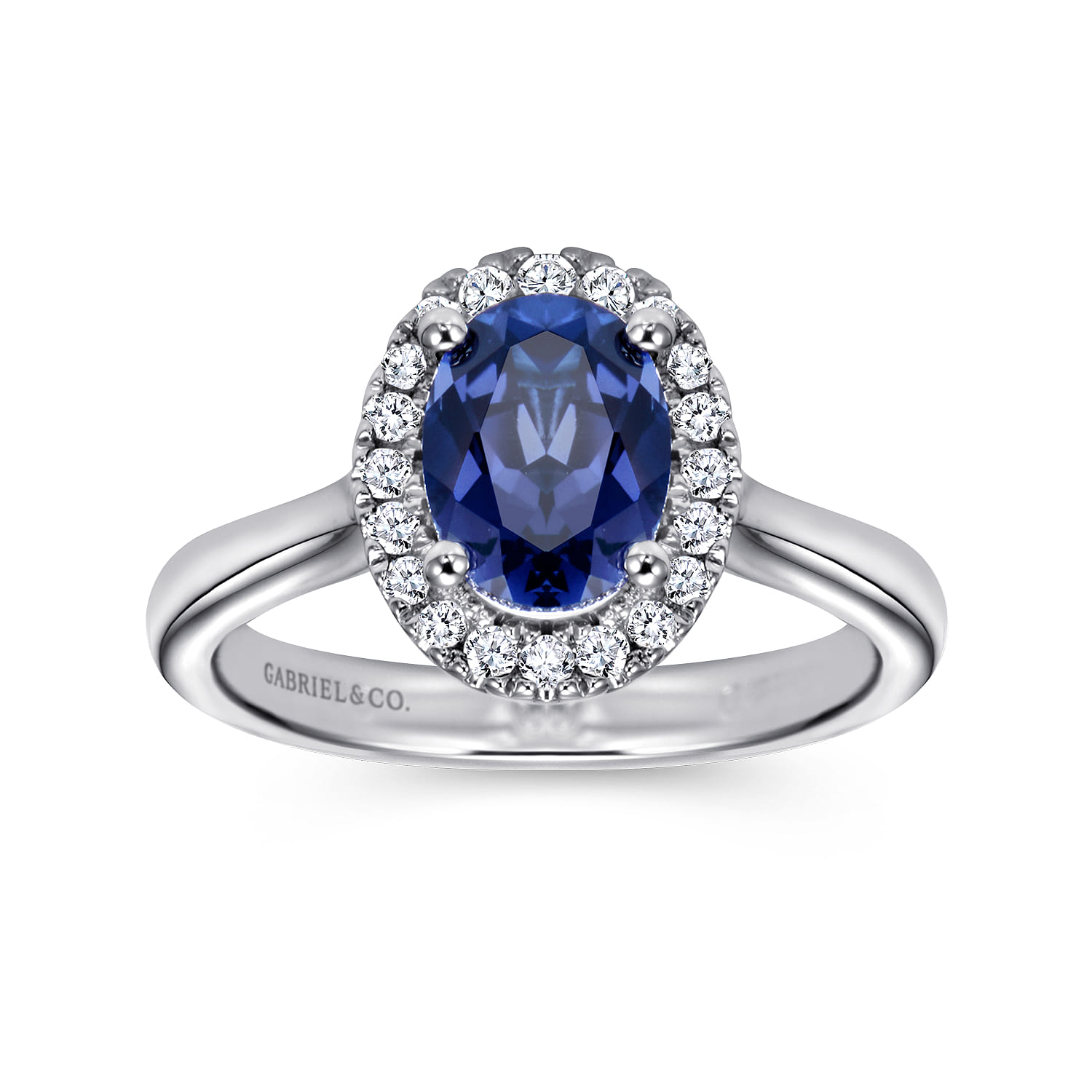 Classic Oval Sapphire and Diamond Halo Ring in 14K White Gold, photograph 4