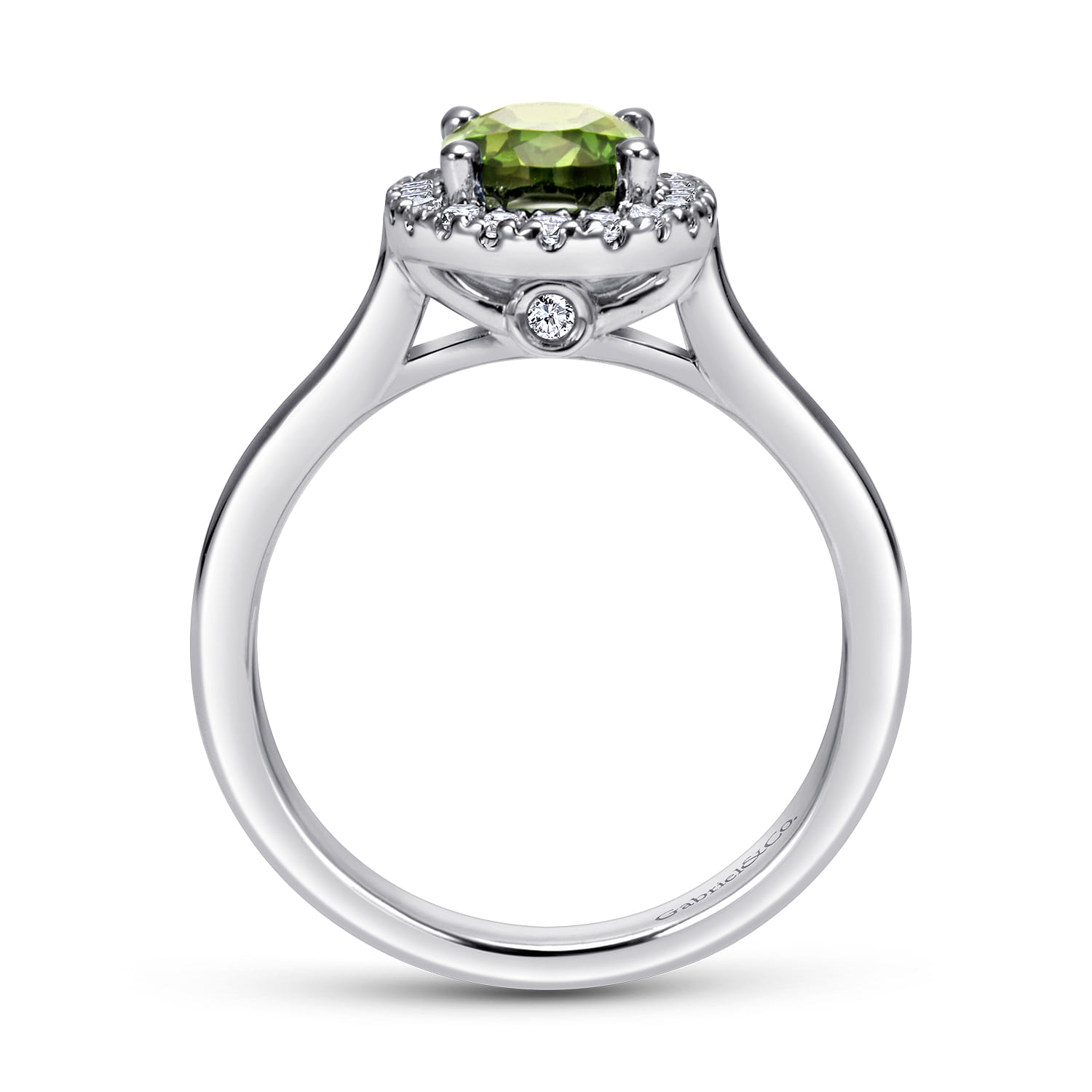 Classic Oval Peridot and Diamond Halo Ring in 14K White Gold, photograph 2