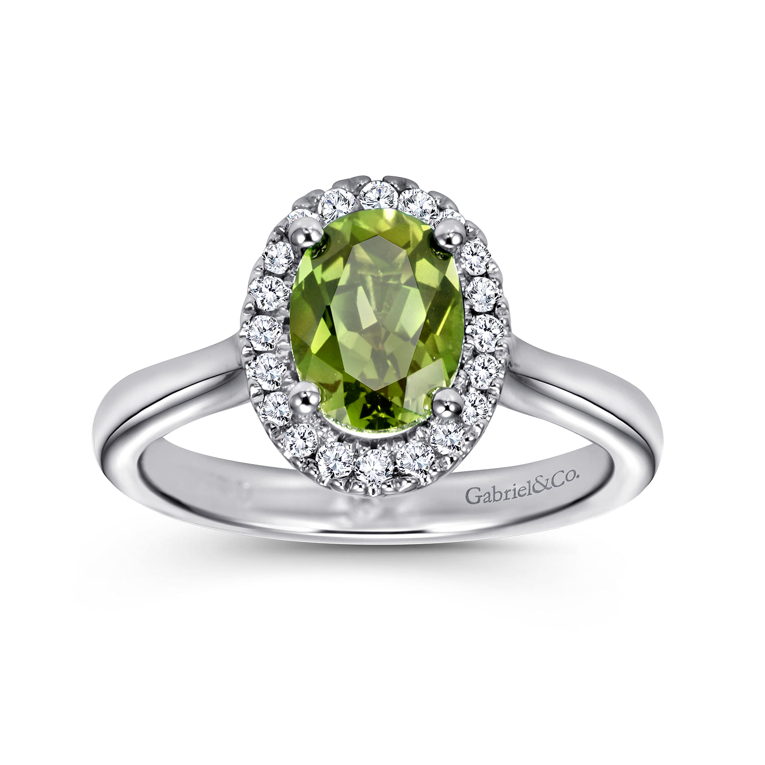 Classic Oval Peridot and Diamond Halo Ring in 14K White Gold, photograph 4
