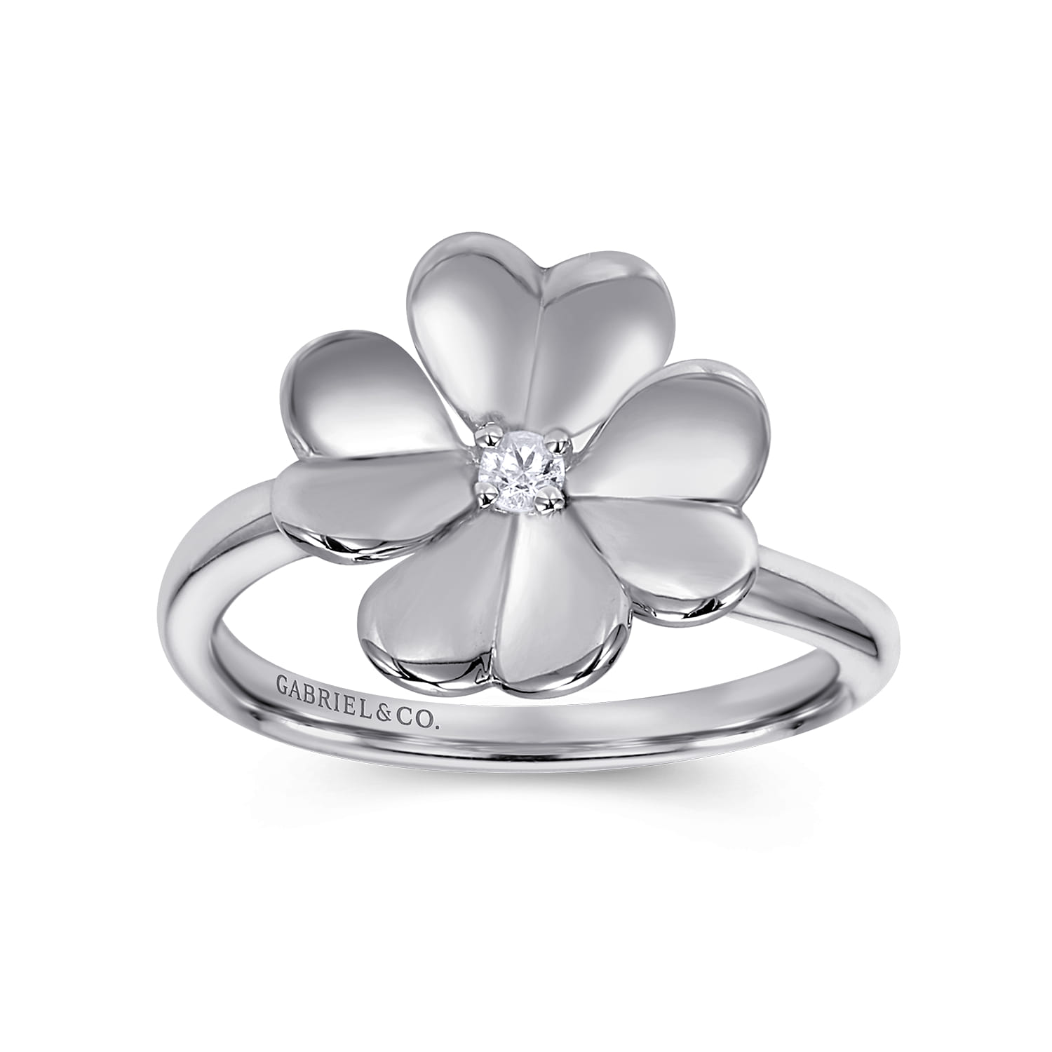 High Polished Flower with White Sapphire Ring in Sterling Silver, photograph 4