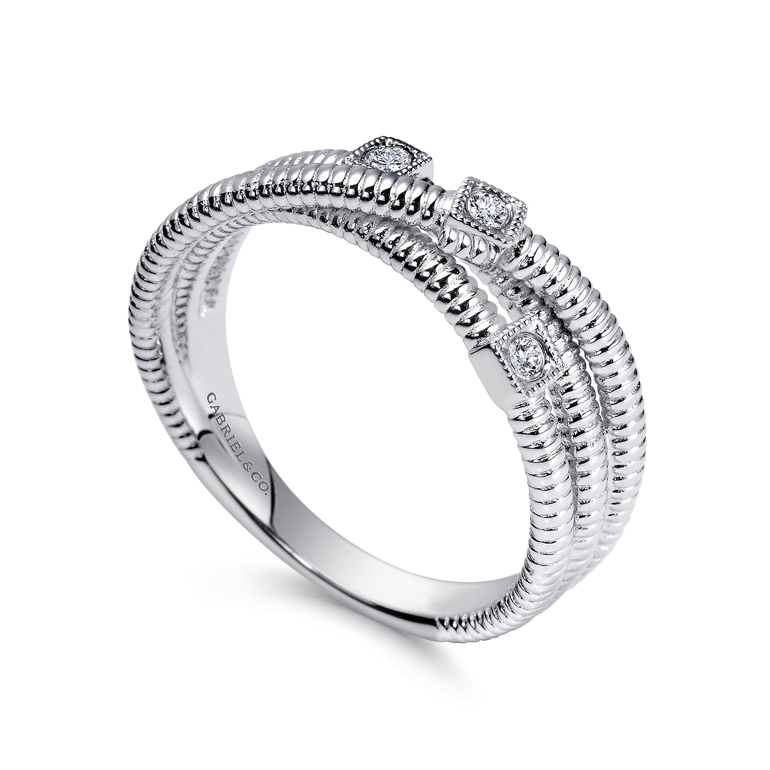 Diamond Station Criss Cross Ring in Sterling Silver, photograph 3