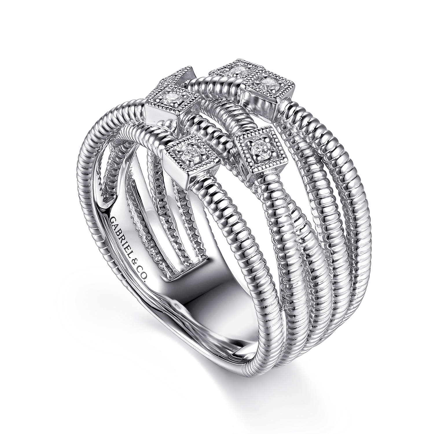Wide Band Criss Cross Diamond Station Ring in Sterling Silver, photograph 3