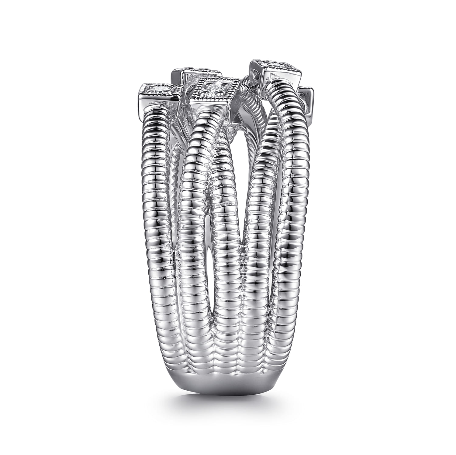 Wide Band Criss Cross Diamond Station Ring in Sterling Silver, photograph 4