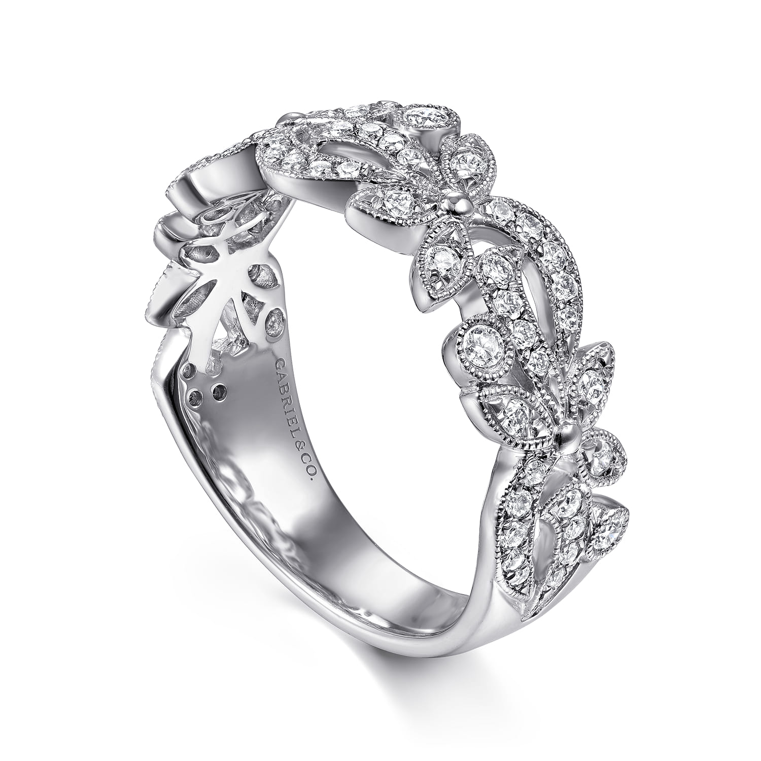 Floral Inspired Diamond Stackable Ring in 14K White Gold, photograph 3