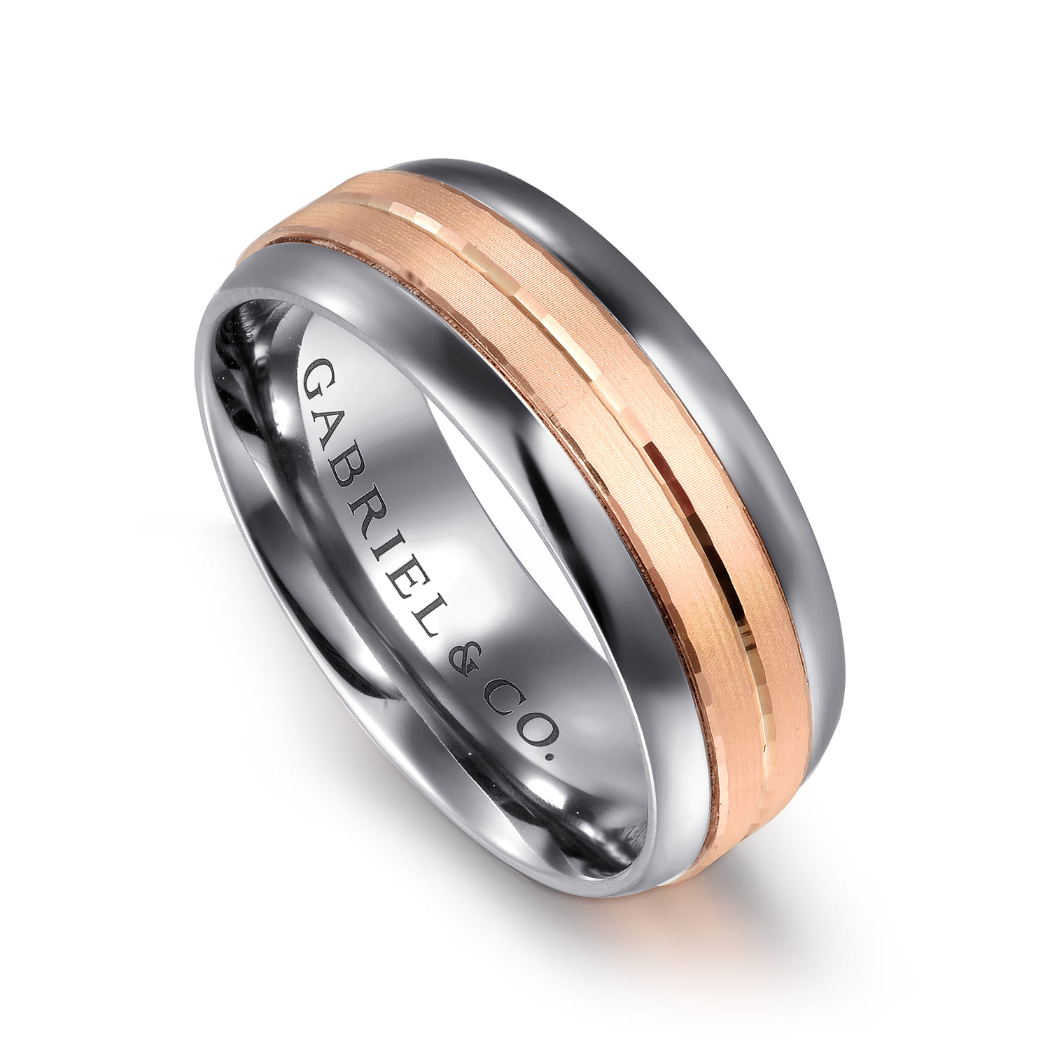 Mens Alternative 8mm Beveled Tantalum and Band in 14K Rose Gold, photograph 3