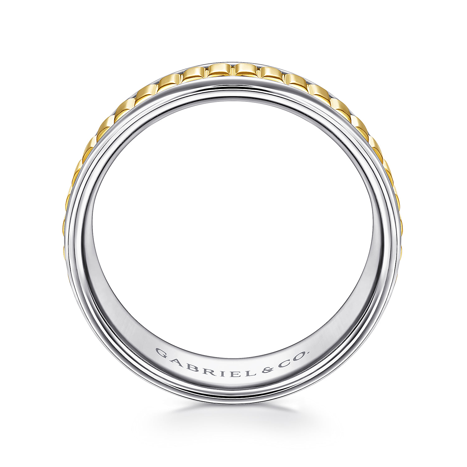 8mm - Two Tone Carved Men's Wedding Band in High Polish Finish in 14K White/Yellow Gold, photograph 2