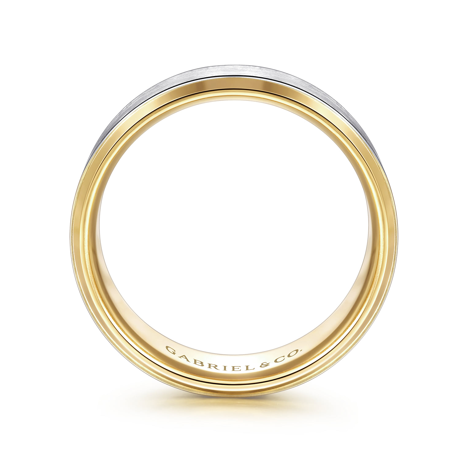 8mm - Two Tone Beveled Edge Men's Wedding Band in Satin Finish in 14K White/Yellow Gold, photograph 2