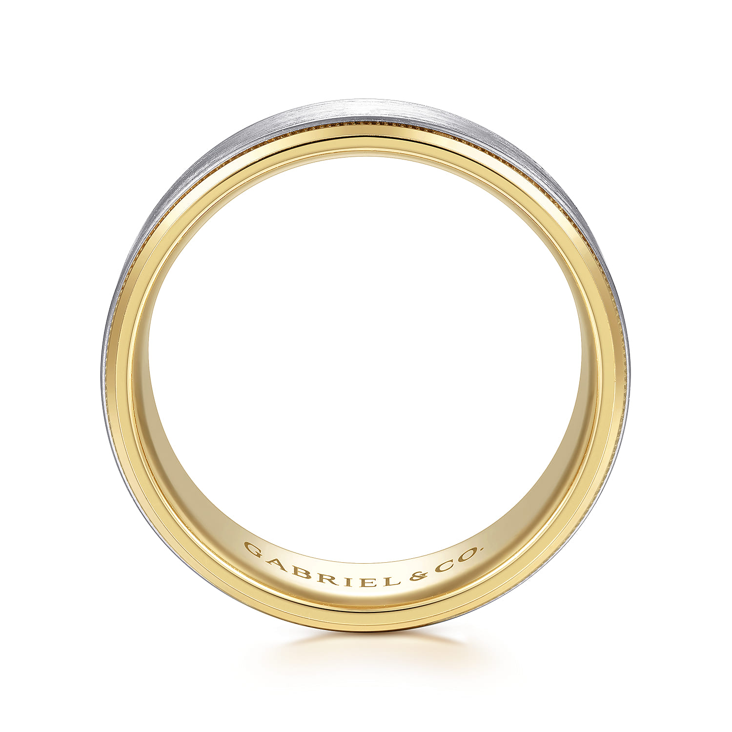8mm - Two Tone Beveled Edge Men's Wedding Band in Satin Finish in 14K White/Yellow Gold, photograph 2