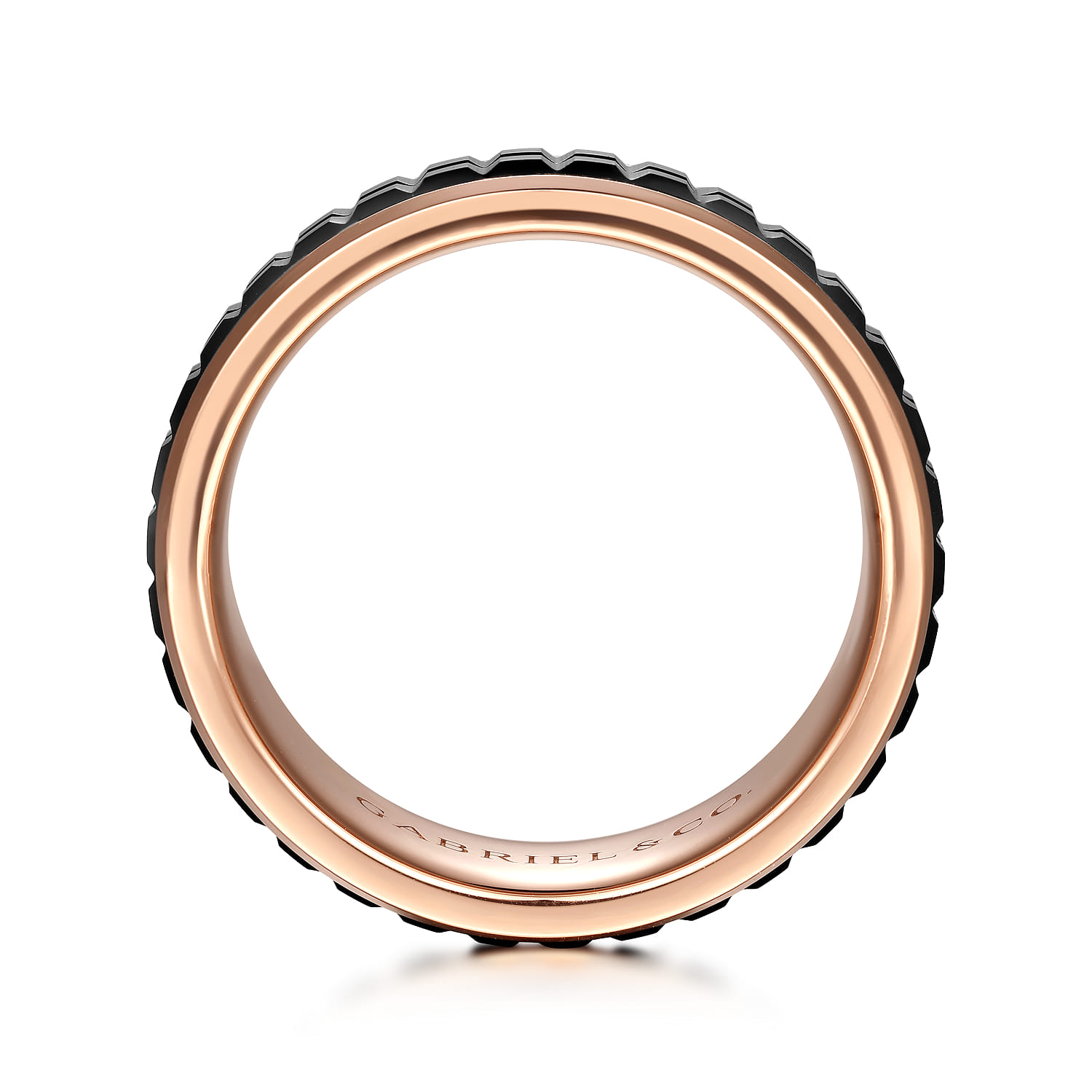 -Black Ceramic 7mm - Two Tone Beveled Edge Men's Wedding Band in 14K Rose Gold, photograph 2