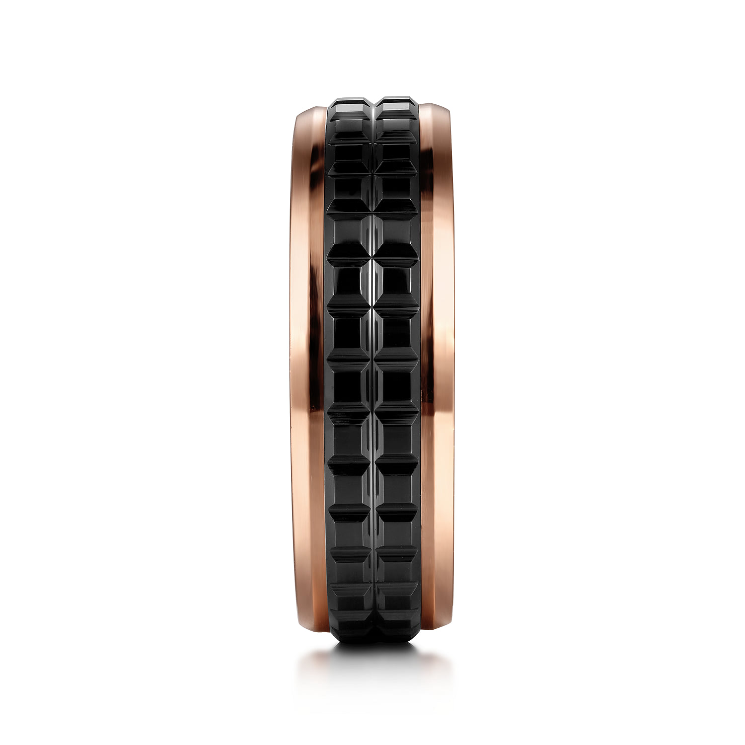 -Black Ceramic 7mm - Two Tone Beveled Edge Men's Wedding Band in 14K Rose Gold, photograph 4