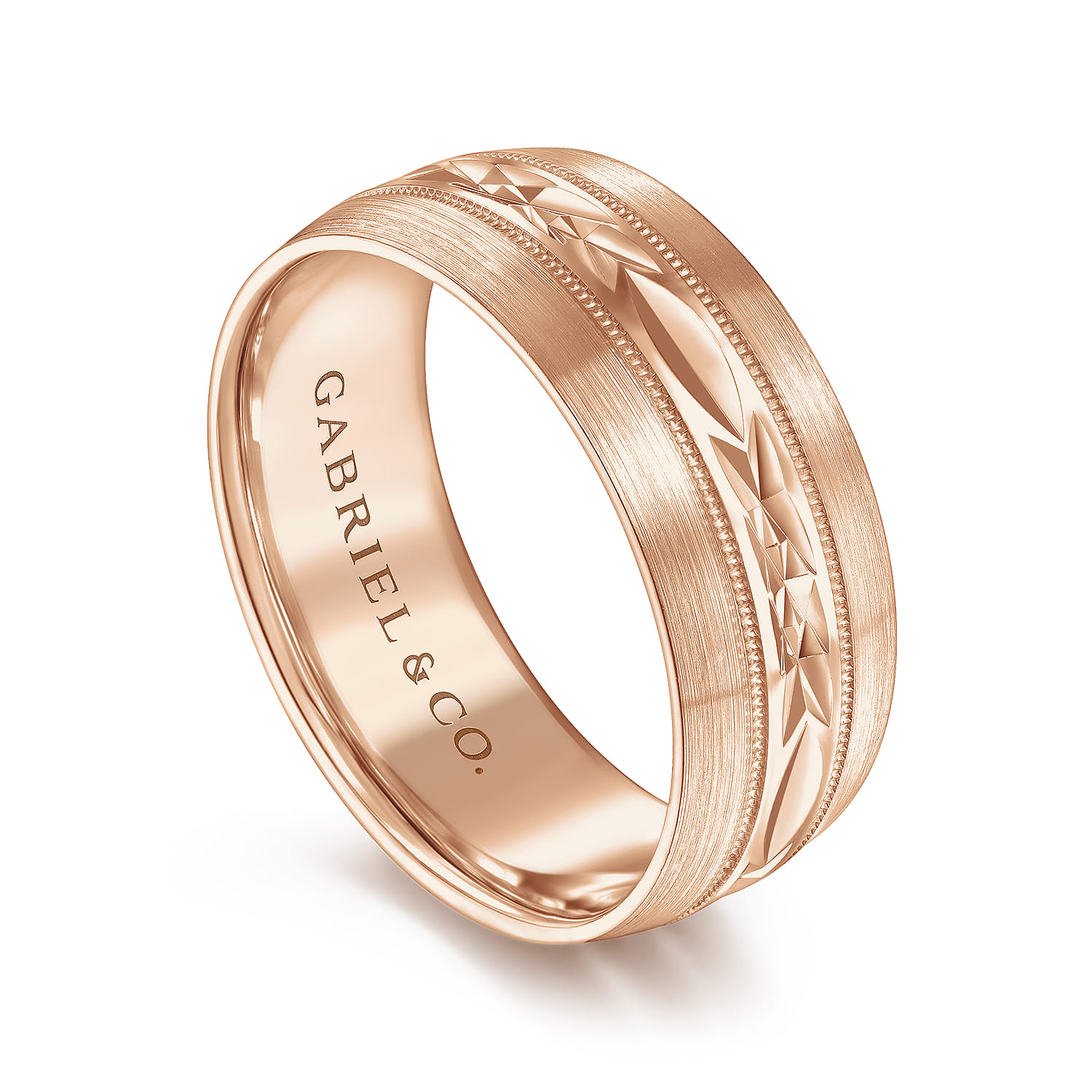 8mm - Engraved Men's Wedding Band in Satin Finish in 14K Rose Gold, photograph 3