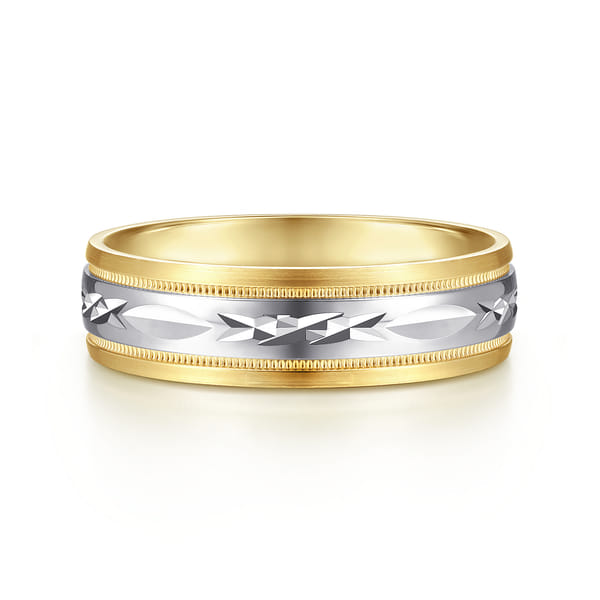 14K White-Yellow 6mm - Engraved Men's Wedding Band in Satin Finish