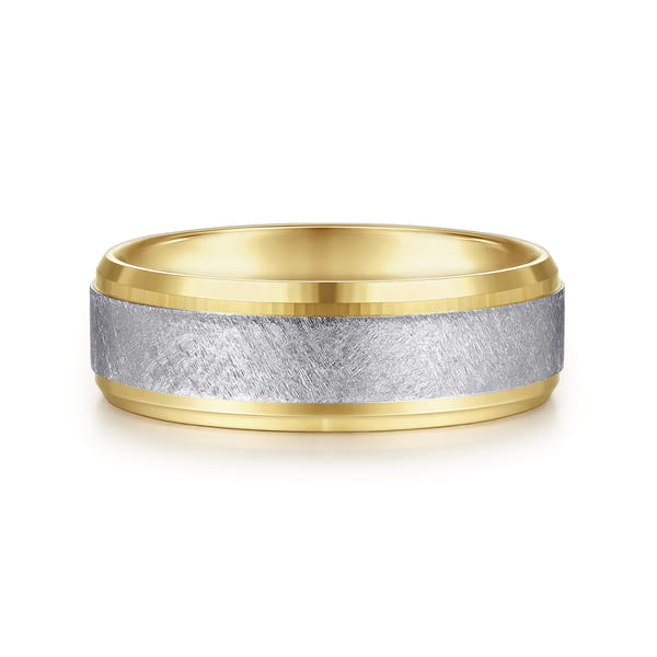 14K White-Yellow Gold 7mm - Beveled Edge Men's Wedding Band in Diamond Scratch Finish