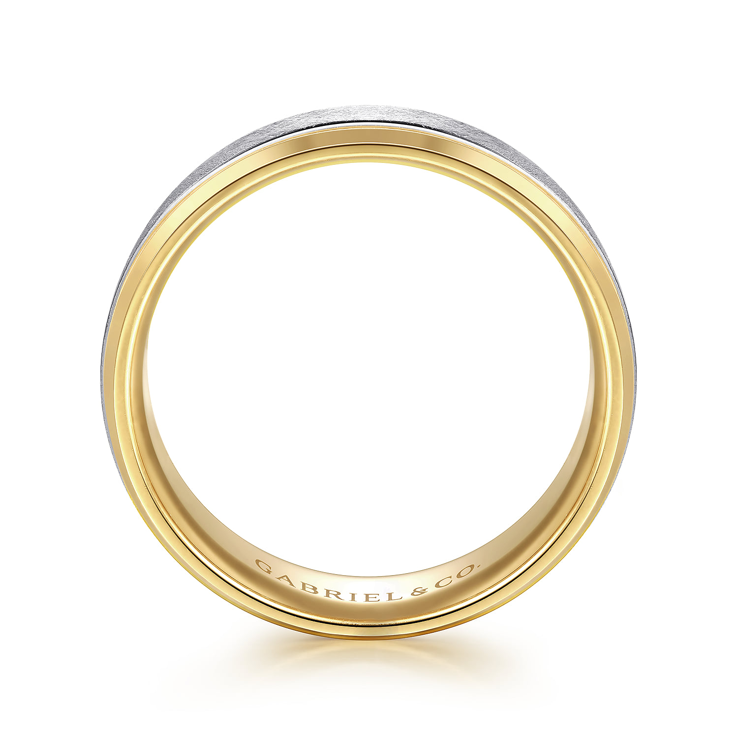 7mm - Beveled Edge Men's Wedding Band in Diamond Scratch Finish in 14K White/Yellow Gold, photograph 2