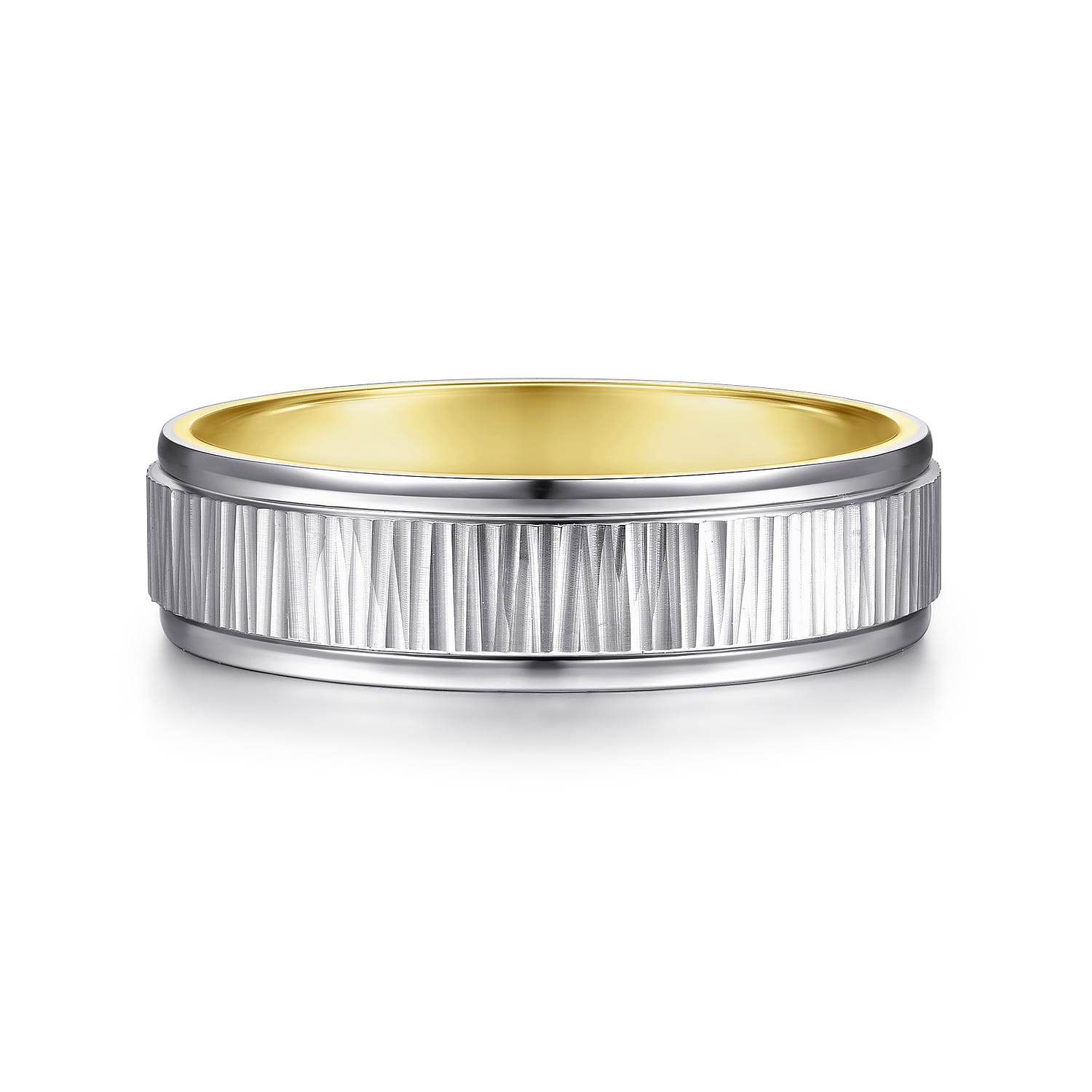 6mm - Men's Wedding Band with Vertical Etching in 14K White/Yellow Gold