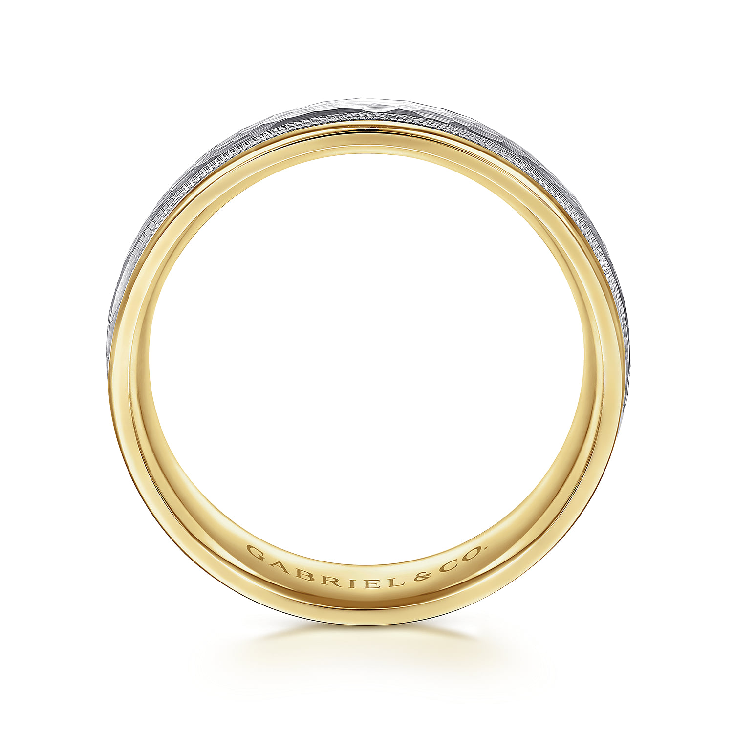 6mm - Two Tone Hammered Men's Wedding Band with Milgrain Edge in 14K White/Yellow Gold, photograph 2