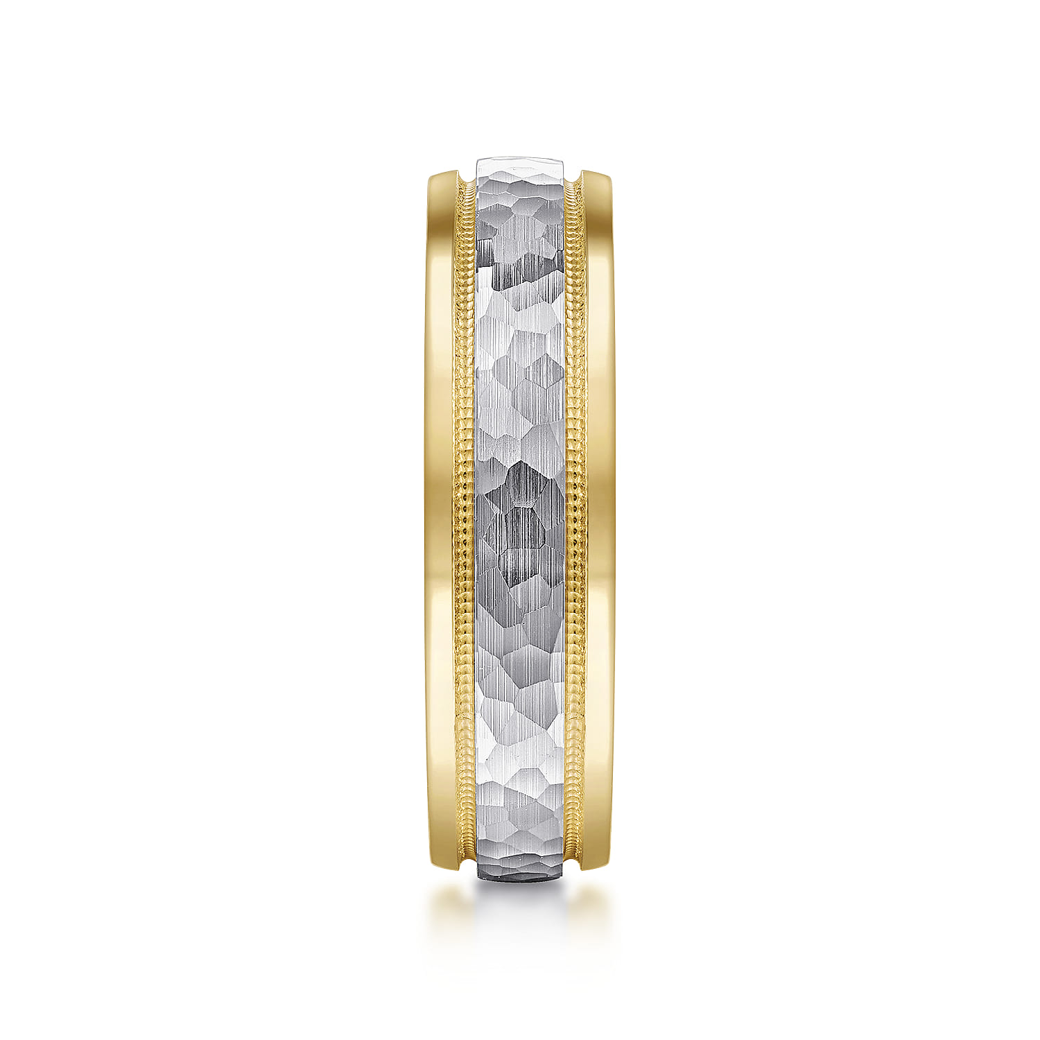 6mm - Two Tone Hammered Men's Wedding Band with Milgrain Edge in 14K White/Yellow Gold, photograph 4