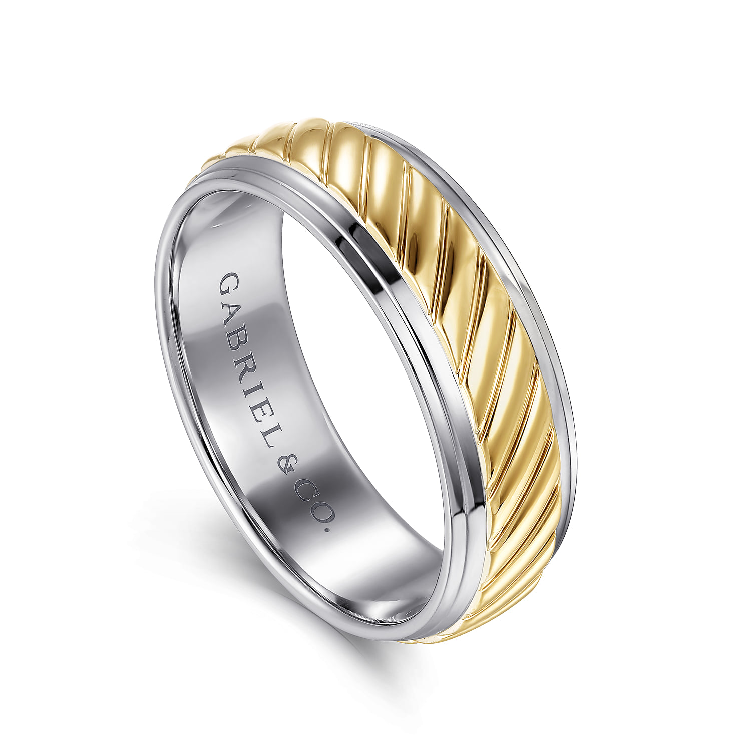 7mm - Rope Center and Polished Edge Men's Wedding Band in High Polished Finish in 14K White/Yellow Gold, photograph 3