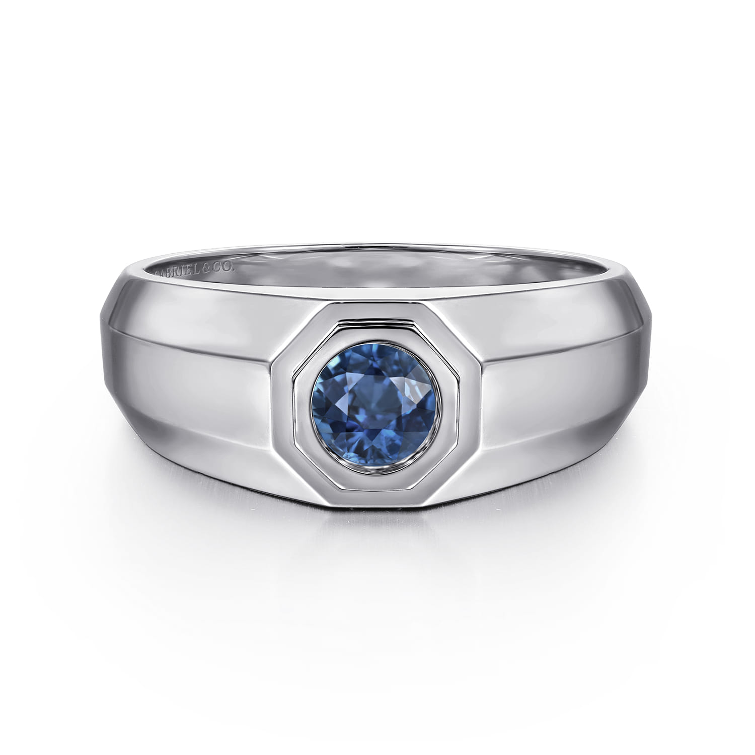 Round Sapphire Mens Engagement Ring in High Polish Finish